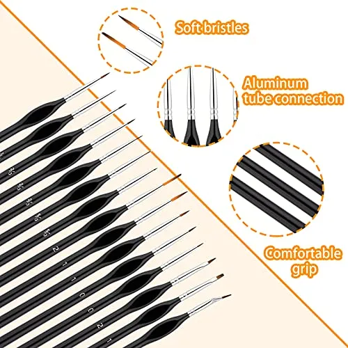 15 Pcs Detail Paint Brushes Set, Miniature Paint Brushes Artist Paints Brush Set with Ergonomic Handle Suitable for Acrylic Painting, Oil, Watercoloring, Face, Nail, Scale Model Painting, Line Drawing
