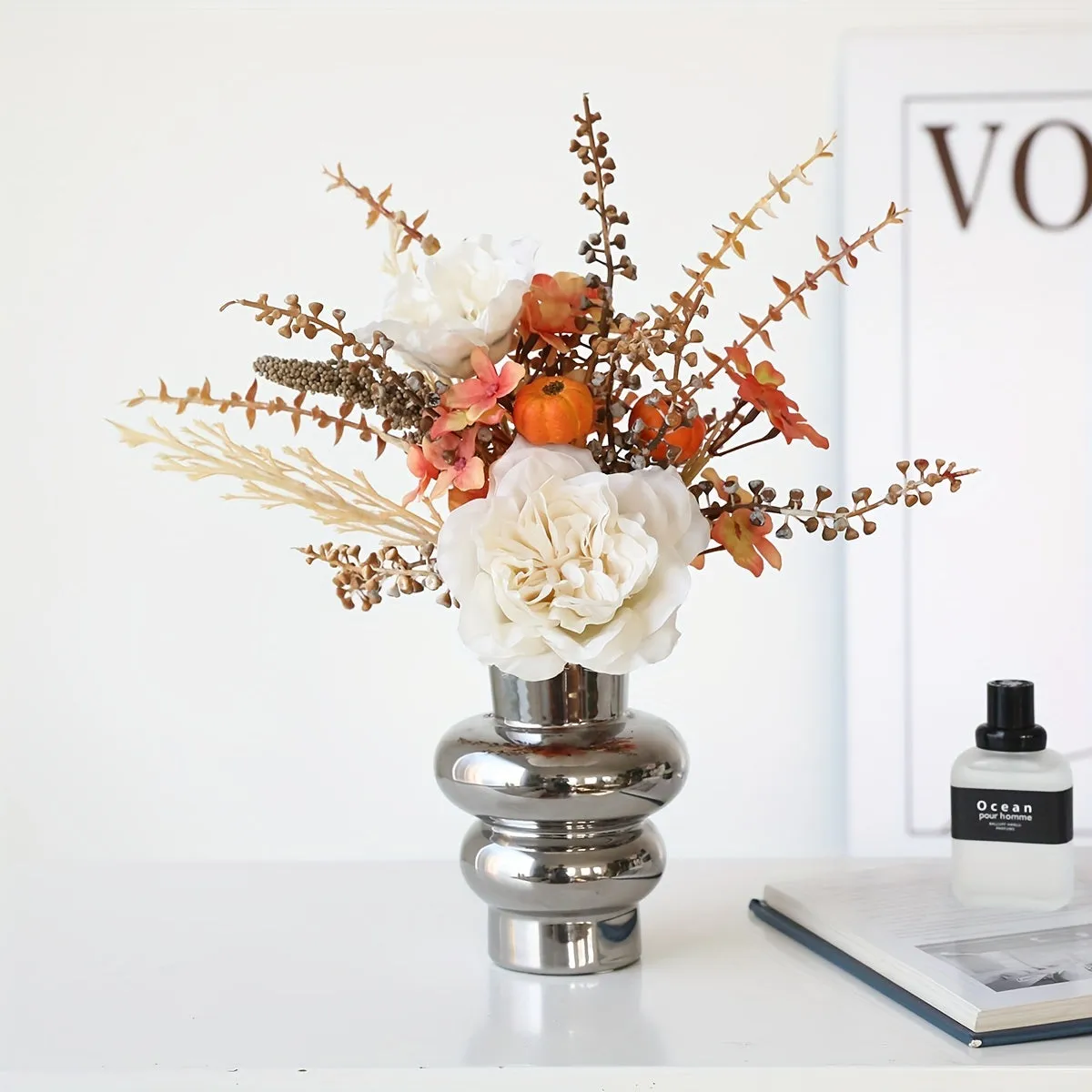 1pc Artificial Peony & Pumpkin Floral Arrangement, Versatile Contemporary Plastic Flower Swag for Halloween, Easter, Fourth of July, Day of the Dead, Home & Table Centerpiece Decoration