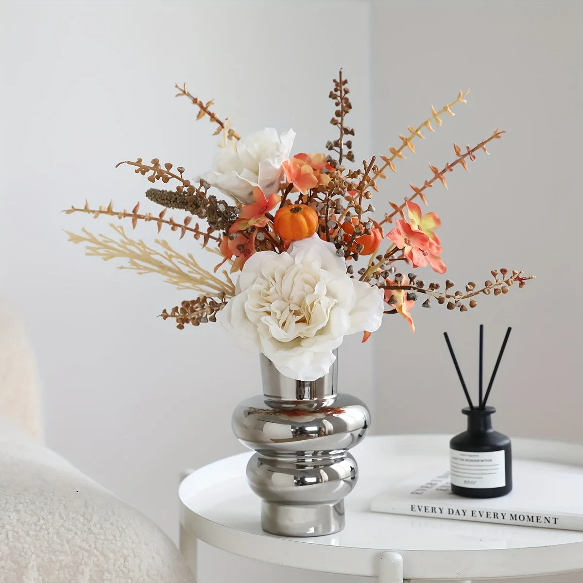 1pc Artificial Peony & Pumpkin Floral Arrangement, Versatile Contemporary Plastic Flower Swag for Halloween, Easter, Fourth of July, Day of the Dead, Home & Table Centerpiece Decoration