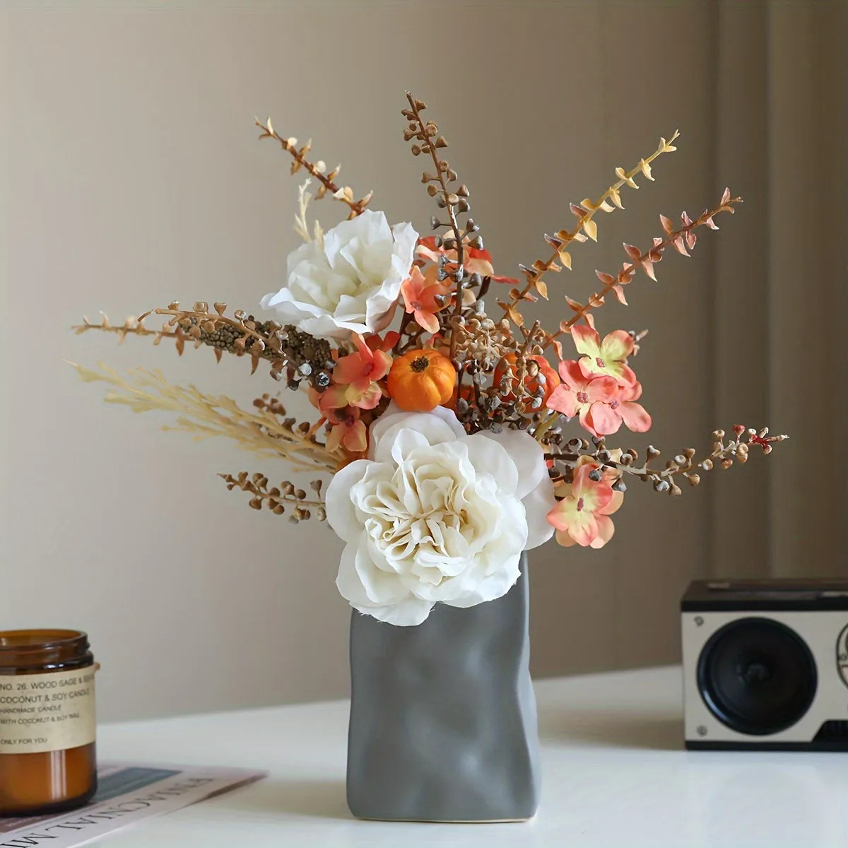 1pc Artificial Peony & Pumpkin Floral Arrangement, Versatile Contemporary Plastic Flower Swag for Halloween, Easter, Fourth of July, Day of the Dead, Home & Table Centerpiece Decoration