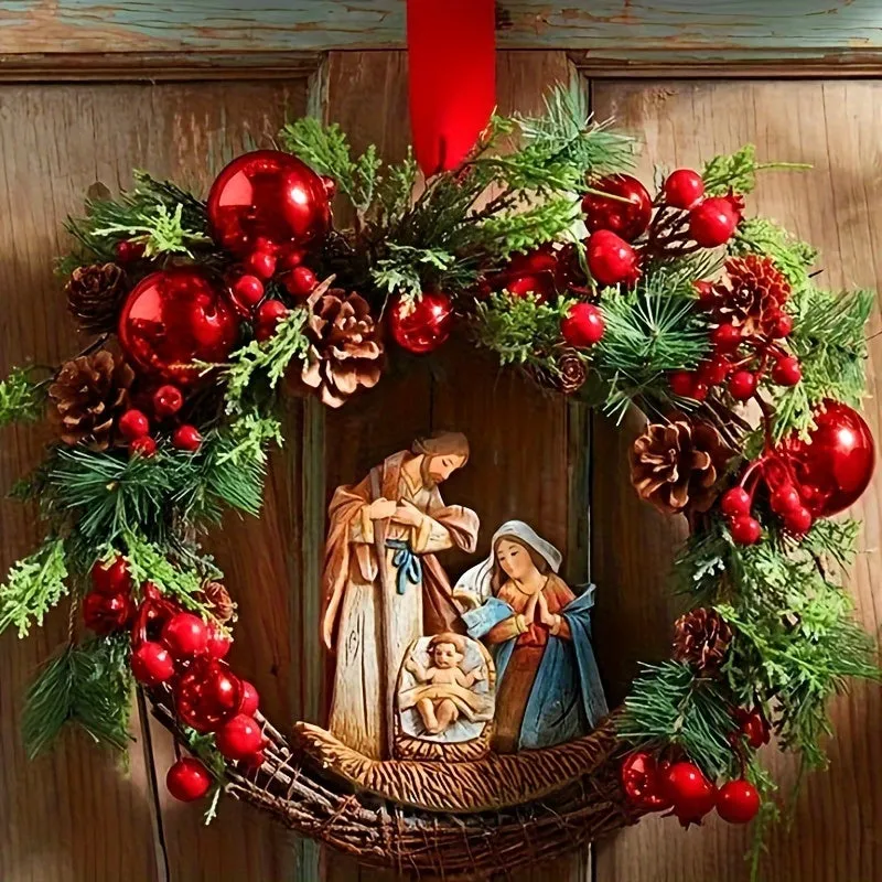 1Pcs Contemporary Nativity-Themed Christmas Wreath, Plastic Door Mount Holiday Decor, Non-Electric Traditional Festive Hanging Accent with Pinecones and Red Berries - No Feathers