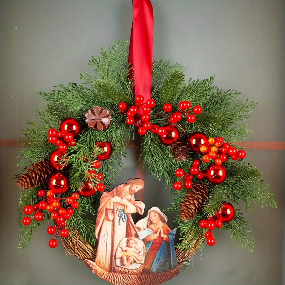 1Pcs Contemporary Nativity-Themed Christmas Wreath, Plastic Door Mount Holiday Decor, Non-Electric Traditional Festive Hanging Accent with Pinecones and Red Berries - No Feathers
