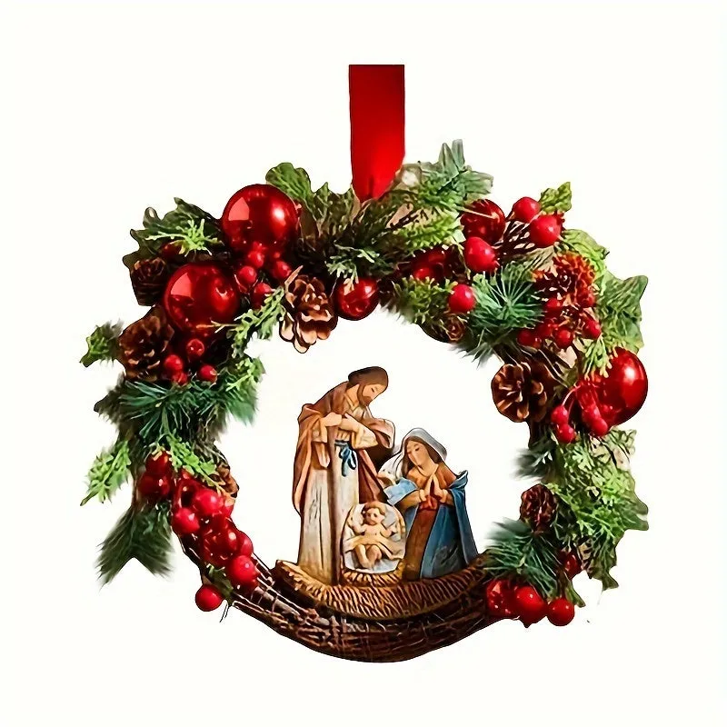 1Pcs Contemporary Nativity-Themed Christmas Wreath, Plastic Door Mount Holiday Decor, Non-Electric Traditional Festive Hanging Accent with Pinecones and Red Berries - No Feathers