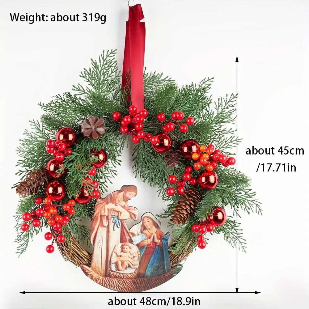 1Pcs Contemporary Nativity-Themed Christmas Wreath, Plastic Door Mount Holiday Decor, Non-Electric Traditional Festive Hanging Accent with Pinecones and Red Berries - No Feathers
