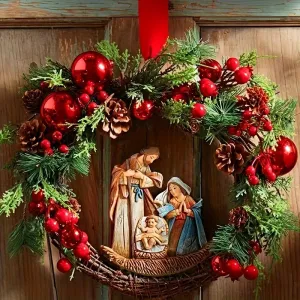1Pcs Contemporary Nativity-Themed Christmas Wreath, Plastic Door Mount Holiday Decor, Non-Electric Traditional Festive Hanging Accent with Pinecones and Red Berries - No Feathers