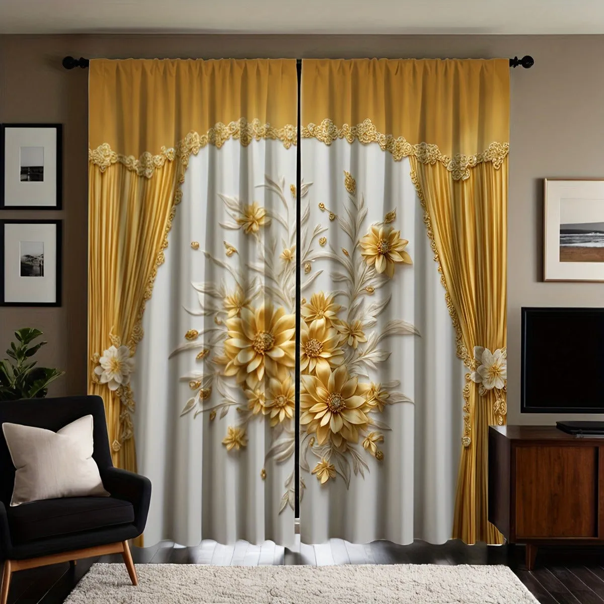 2-Pack Elegant Floral Print Pole Top Curtains - No Power Required, Contemporary Style, Machine Washable, Polyester Knit Fabric, Versatile Decor for Various Rooms, Accessories Not Included