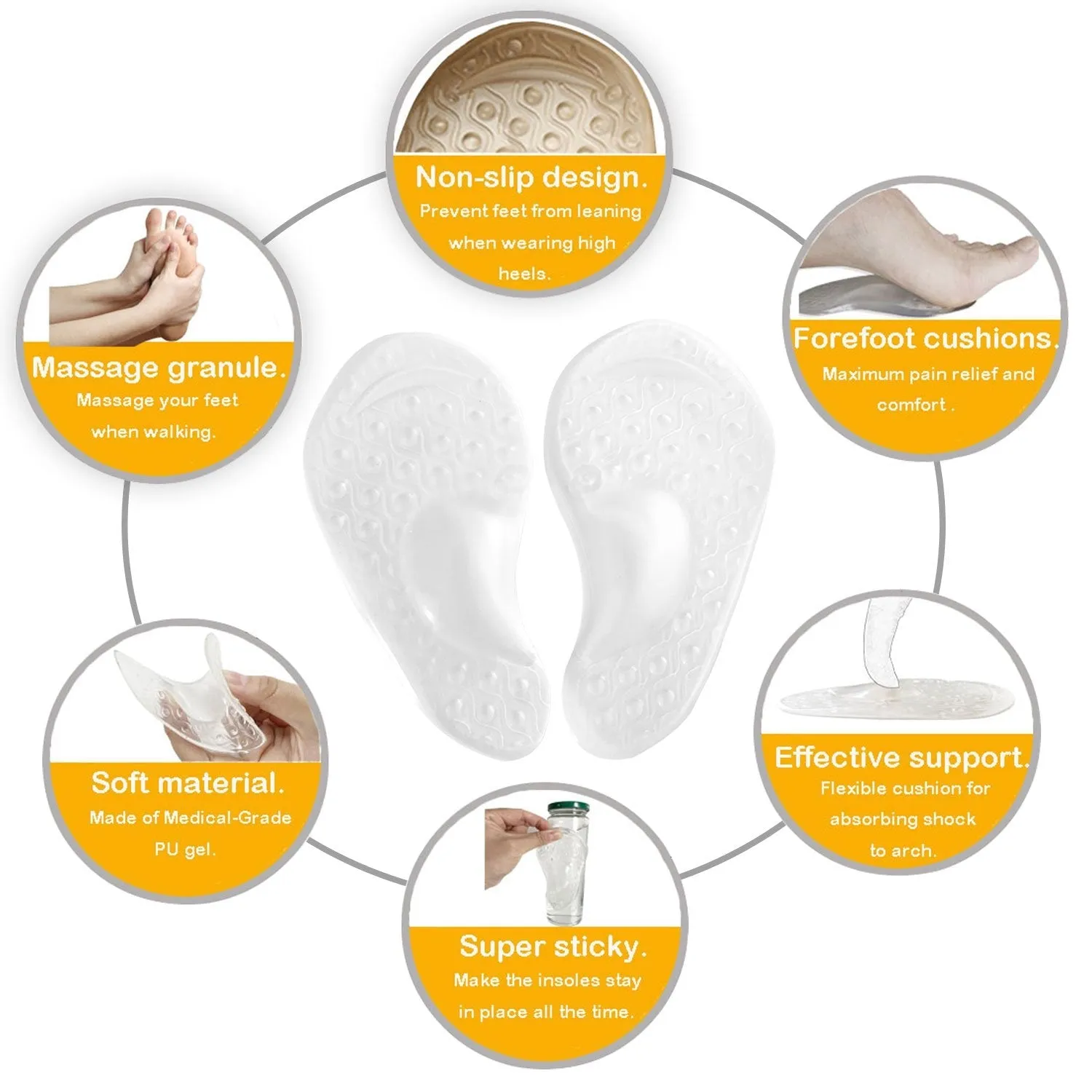 Arch Support for Flat Feet & Plantar Fasciitis, Gel Shoe Inserts Relieve Foot Pain for Women & Men (2 Pairs) (Transparent) Transparent