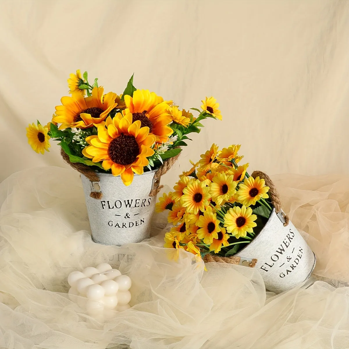 Artificial Flower Arrangement in Hemp Rope Iron Bucket - Plastic Faux Flowers with Stems for Wedding, Bridal Bouquet, Centerpiece, Garden Decor, Contemporary Style for Thanksgiving, Father's Day, Mother's Day, Graduation
