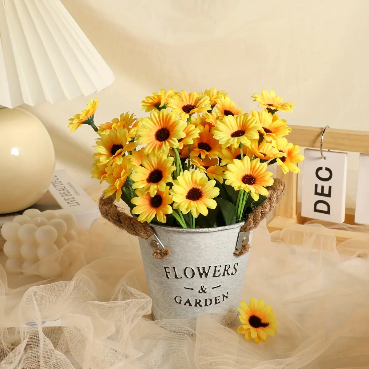 Artificial Flower Arrangement in Hemp Rope Iron Bucket - Plastic Faux Flowers with Stems for Wedding, Bridal Bouquet, Centerpiece, Garden Decor, Contemporary Style for Thanksgiving, Father's Day, Mother's Day, Graduation