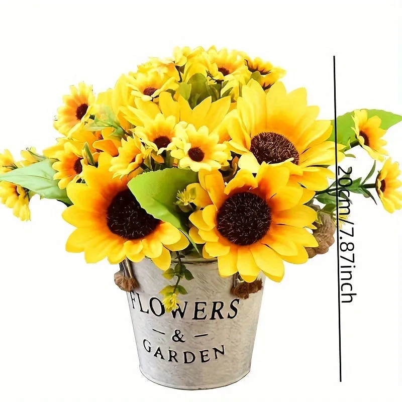 Artificial Flower Arrangement in Hemp Rope Iron Bucket - Plastic Faux Flowers with Stems for Wedding, Bridal Bouquet, Centerpiece, Garden Decor, Contemporary Style for Thanksgiving, Father's Day, Mother's Day, Graduation