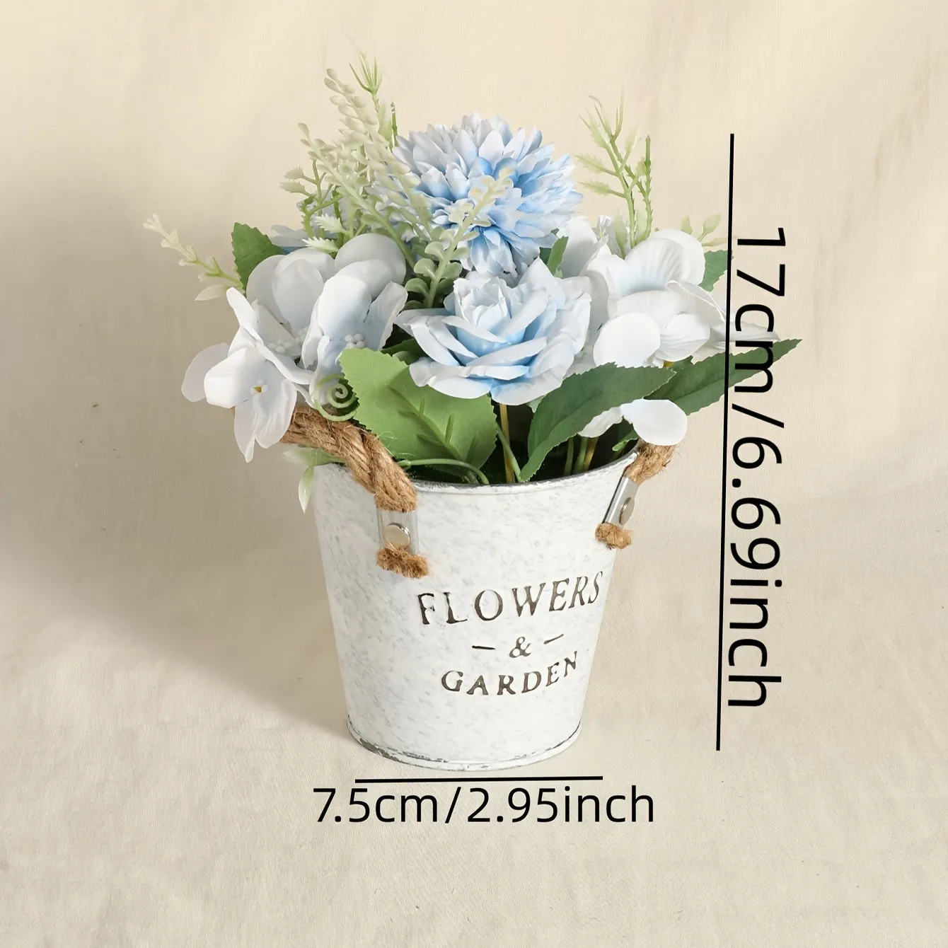 Artificial Flower Arrangement in Hemp Rope Iron Bucket - Plastic Faux Flowers with Stems for Wedding, Bridal Bouquet, Centerpiece, Garden Decor, Contemporary Style for Thanksgiving, Father's Day, Mother's Day, Graduation
