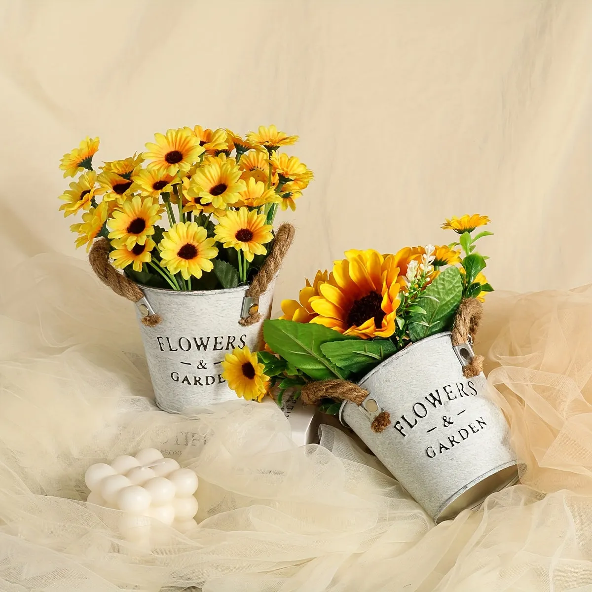 Artificial Flower Arrangement in Hemp Rope Iron Bucket - Plastic Faux Flowers with Stems for Wedding, Bridal Bouquet, Centerpiece, Garden Decor, Contemporary Style for Thanksgiving, Father's Day, Mother's Day, Graduation