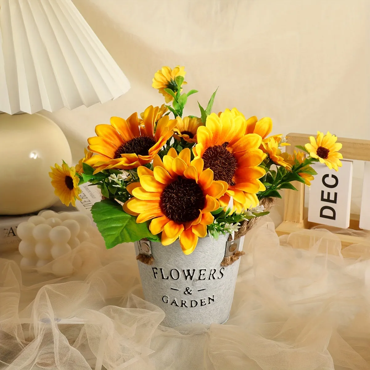 Artificial Flower Arrangement in Hemp Rope Iron Bucket - Plastic Faux Flowers with Stems for Wedding, Bridal Bouquet, Centerpiece, Garden Decor, Contemporary Style for Thanksgiving, Father's Day, Mother's Day, Graduation