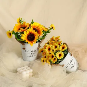 Artificial Flower Arrangement in Hemp Rope Iron Bucket - Plastic Faux Flowers with Stems for Wedding, Bridal Bouquet, Centerpiece, Garden Decor, Contemporary Style for Thanksgiving, Father's Day, Mother's Day, Graduation