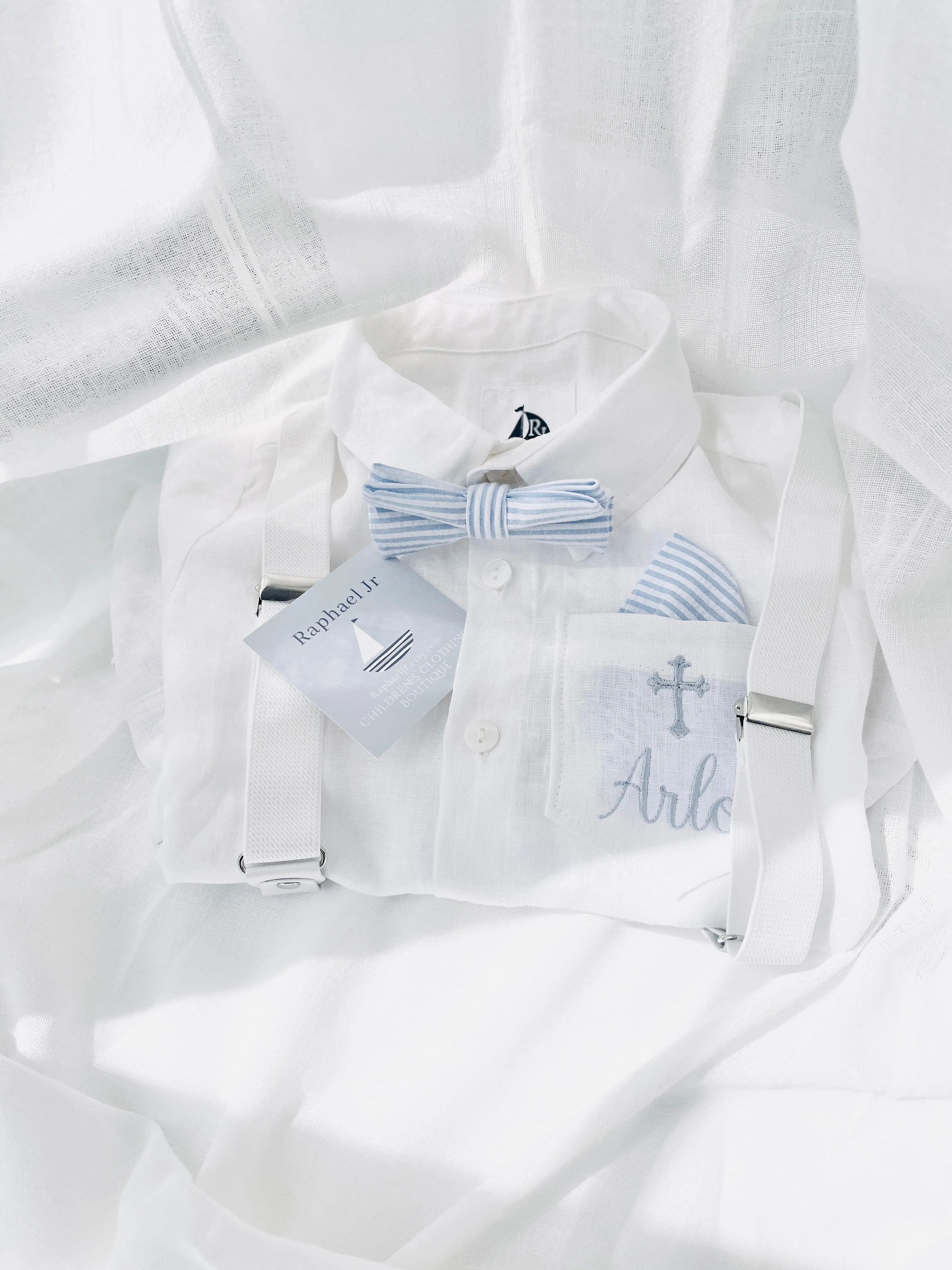 Baby and Toddler Boys white summer linen baptism suit