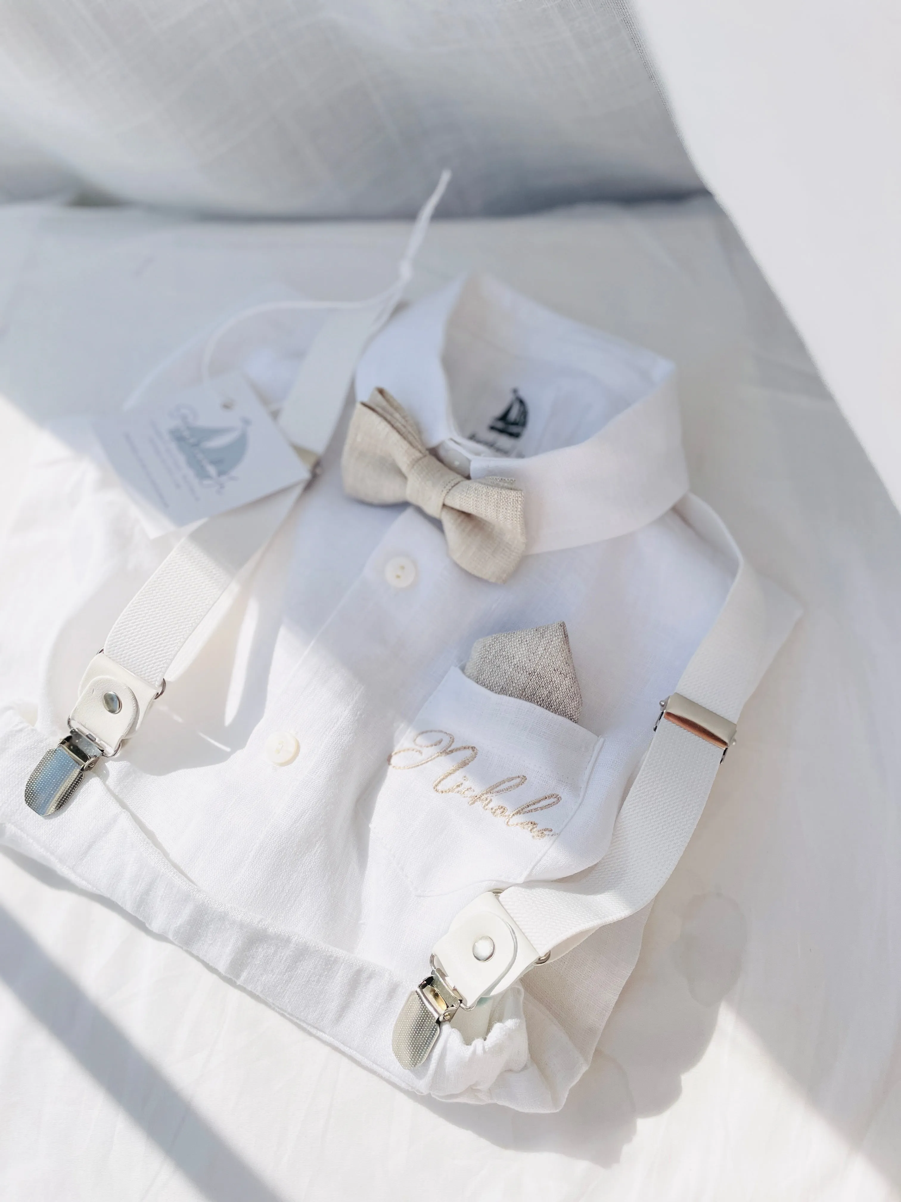Baby and Toddler Boys white summer linen baptism suit