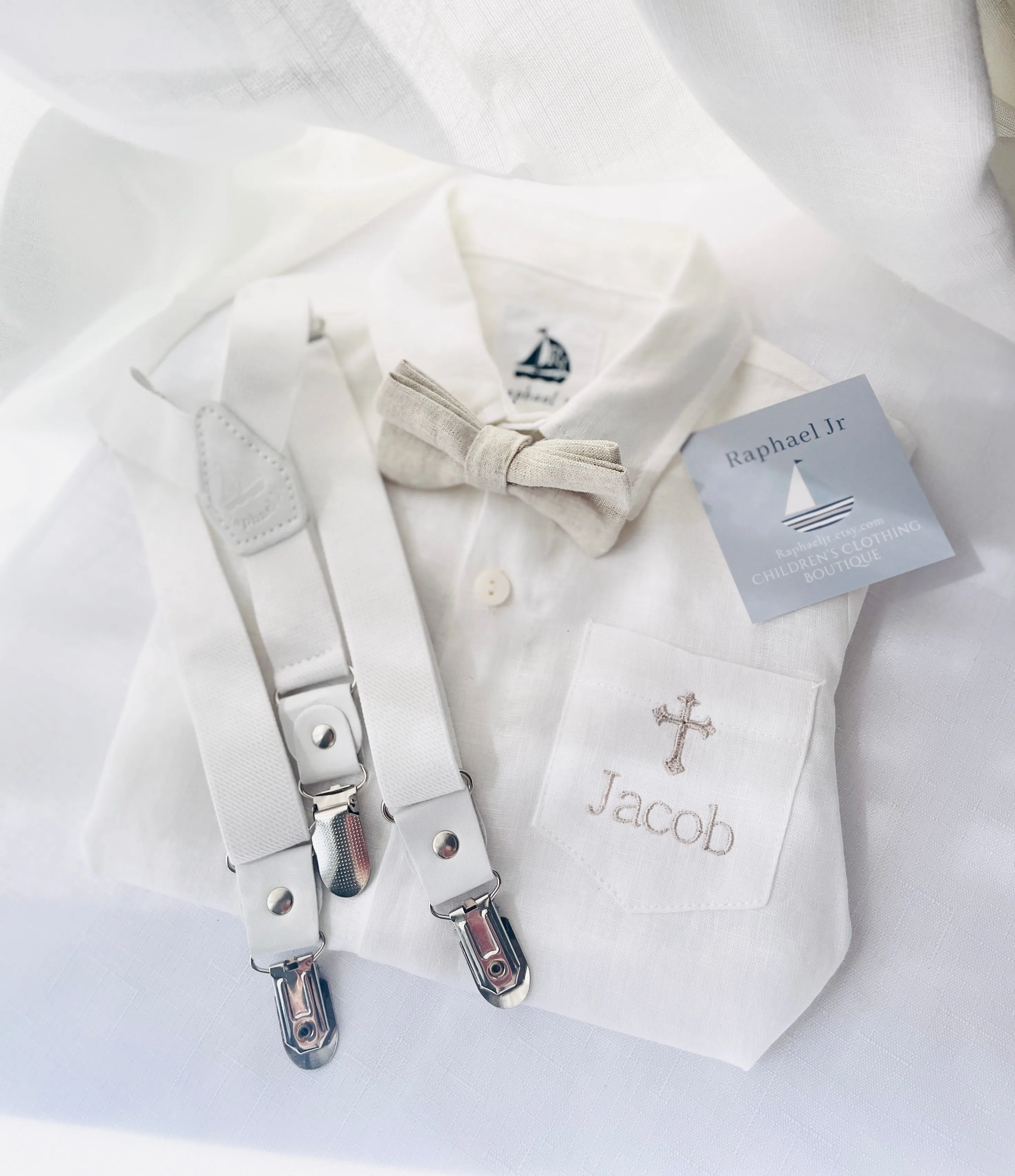Baby and Toddler Boys white summer linen baptism suit