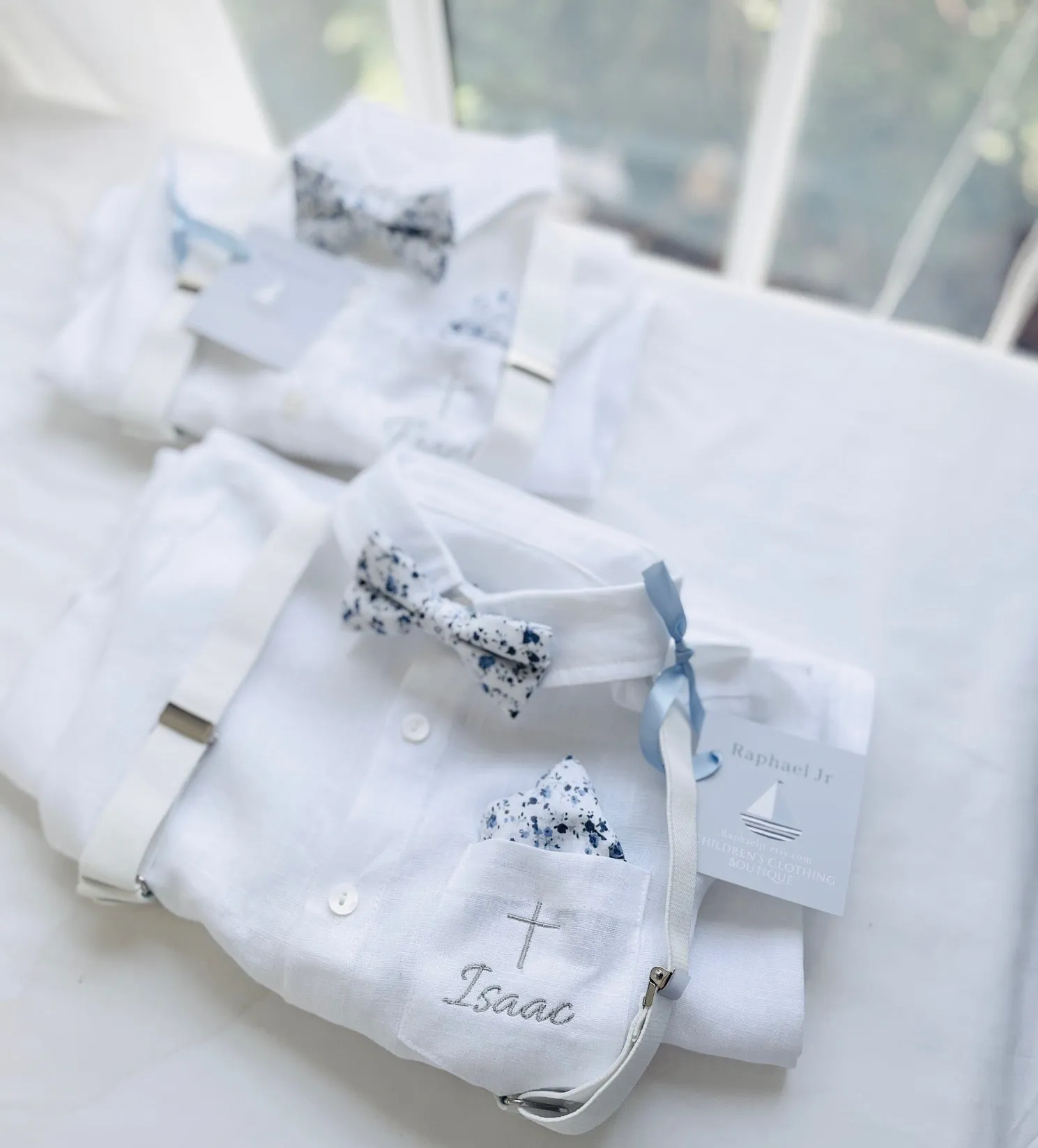 Baby and Toddler Boys white summer linen baptism suit