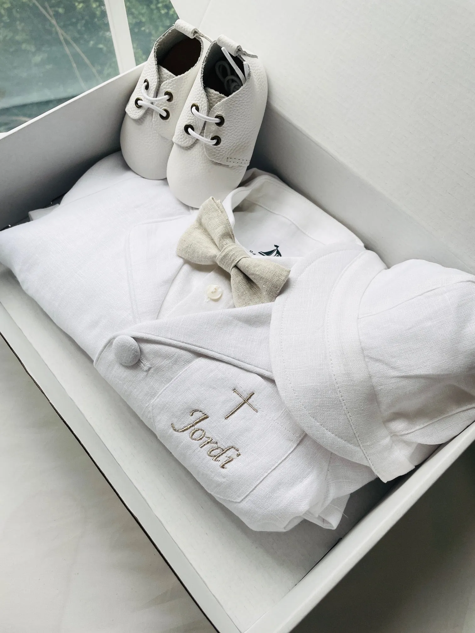 Baby and Toddler Boys white summer linen baptism suit