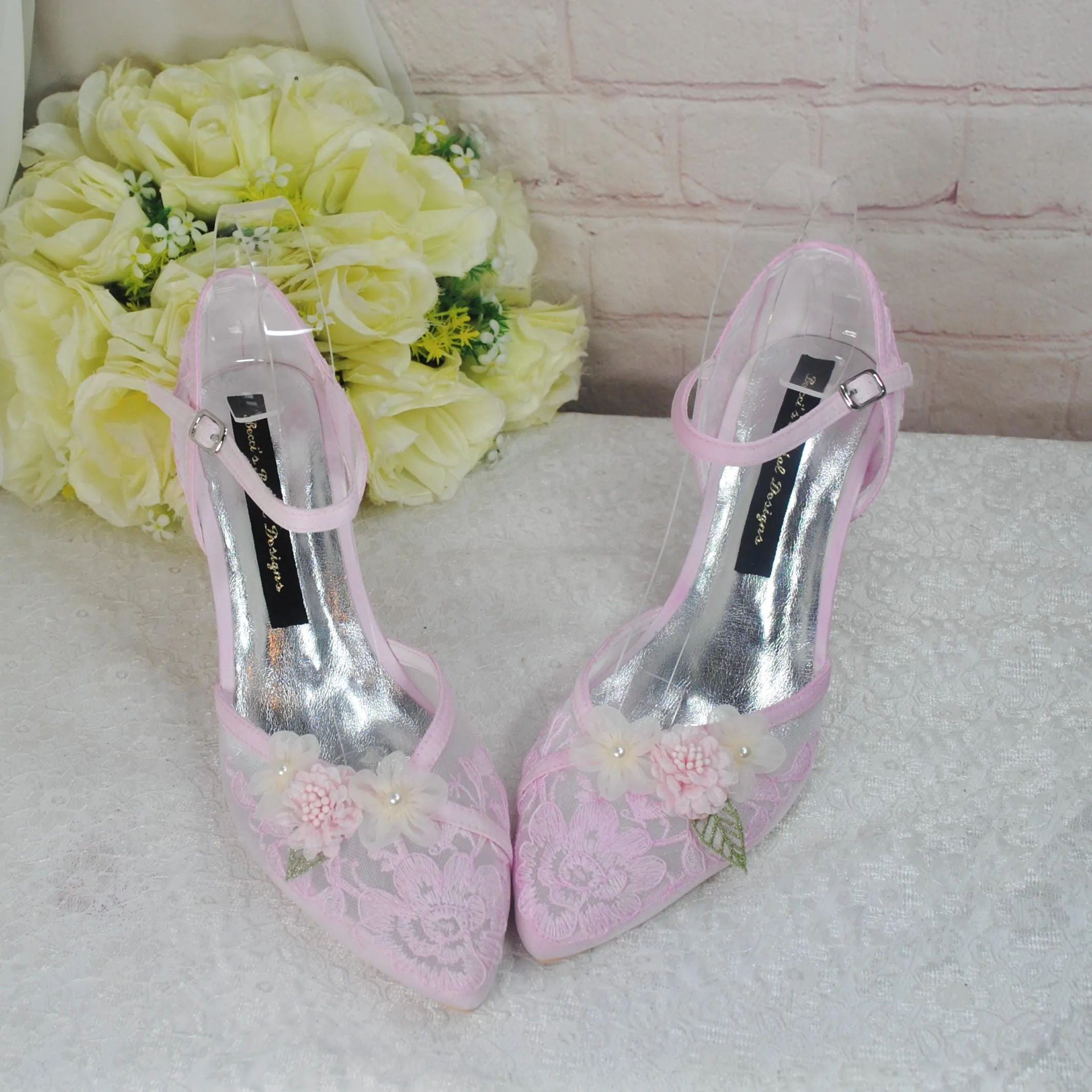 Blush Pink 3D Flower Kitten Heel or Block Heel