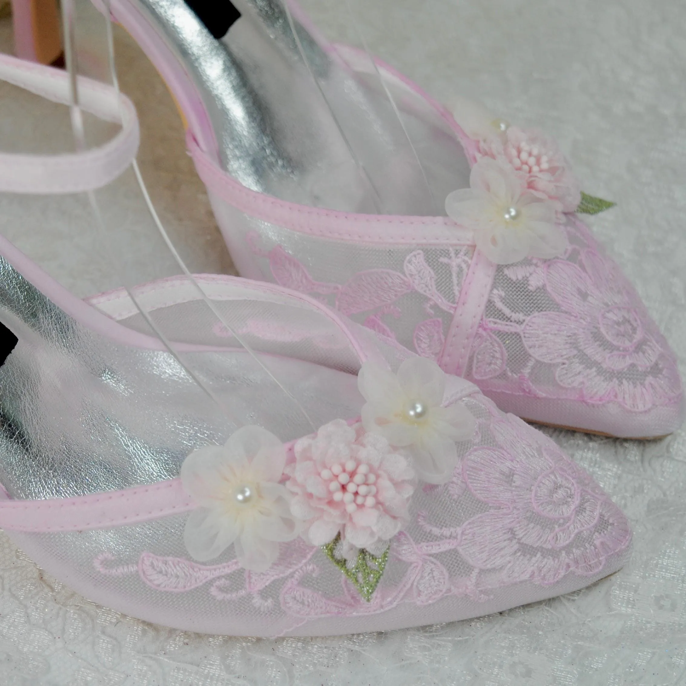 Blush Pink 3D Flower Kitten Heel or Block Heel