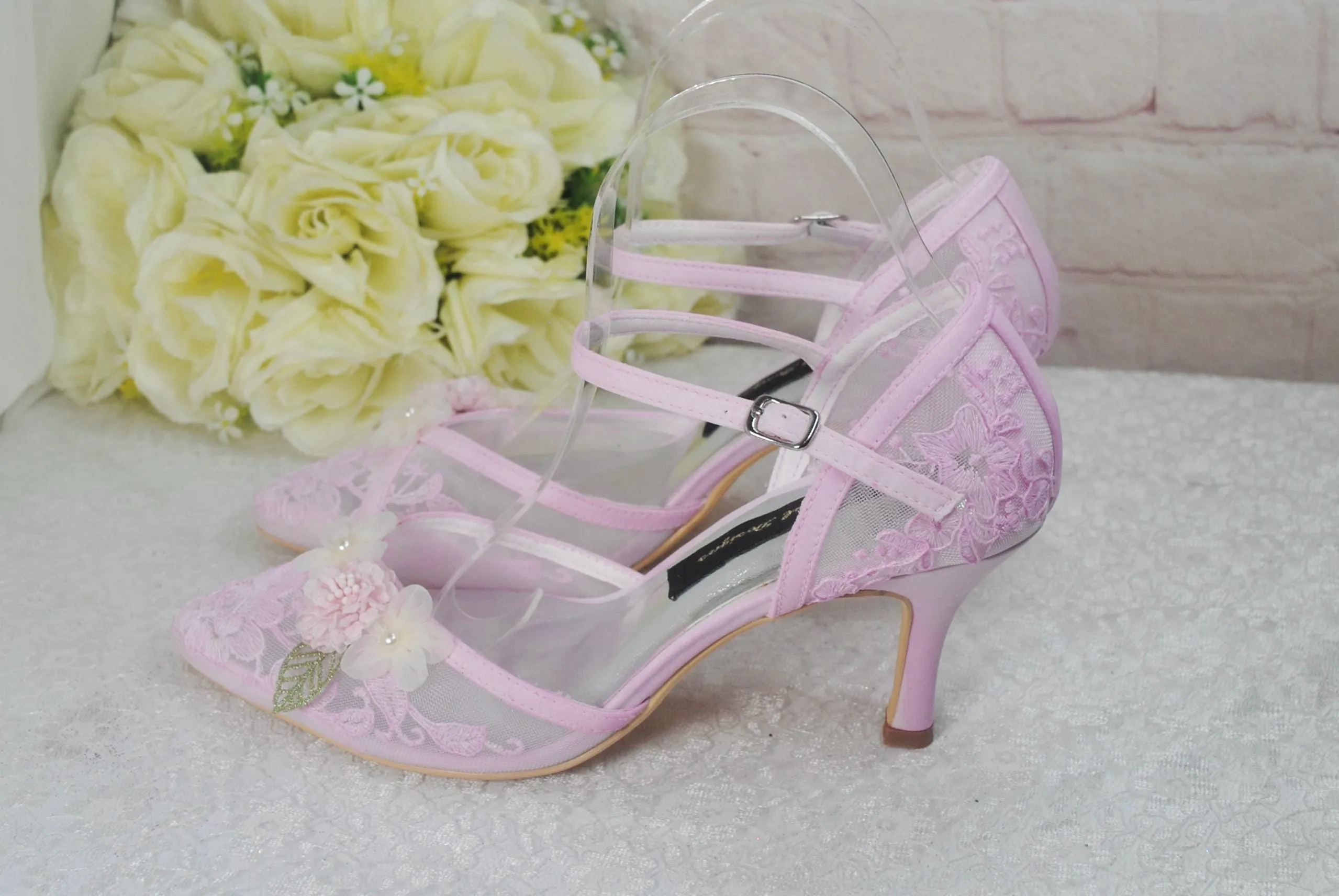 Blush Pink 3D Flower Kitten Heel or Block Heel
