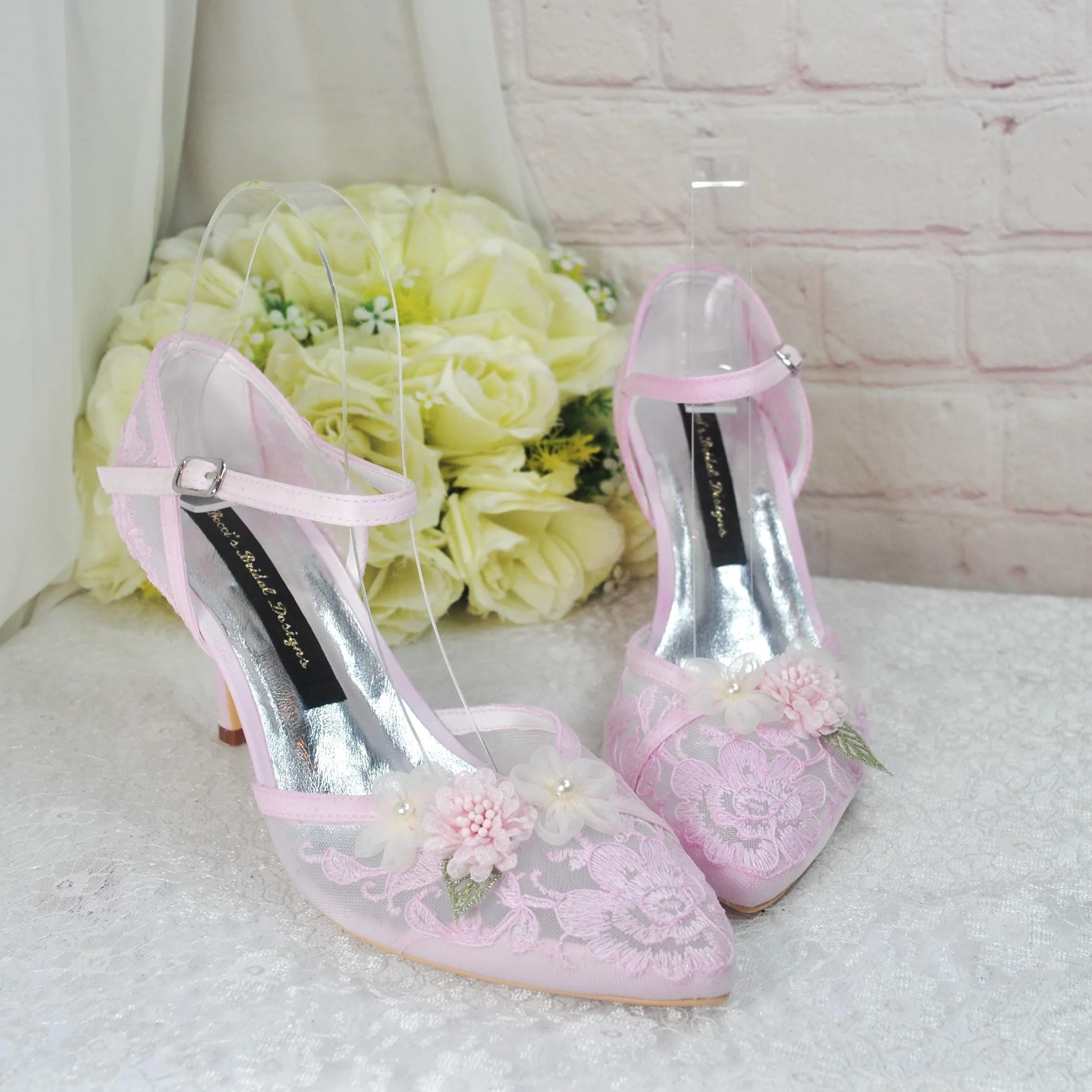 Blush Pink 3D Flower Kitten Heel or Block Heel