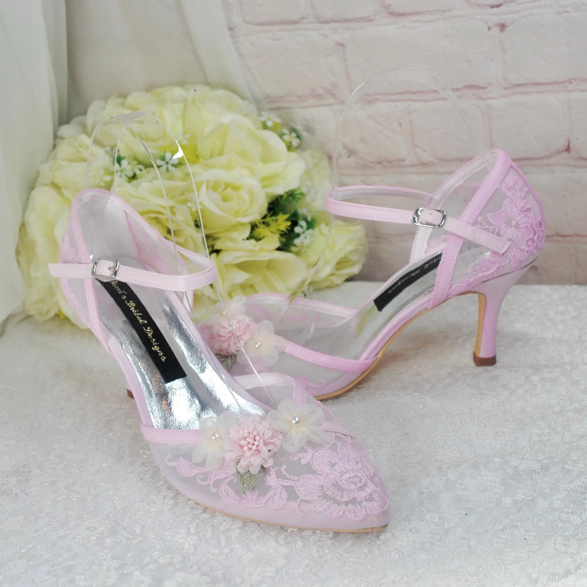 Blush Pink 3D Flower Kitten Heel or Block Heel