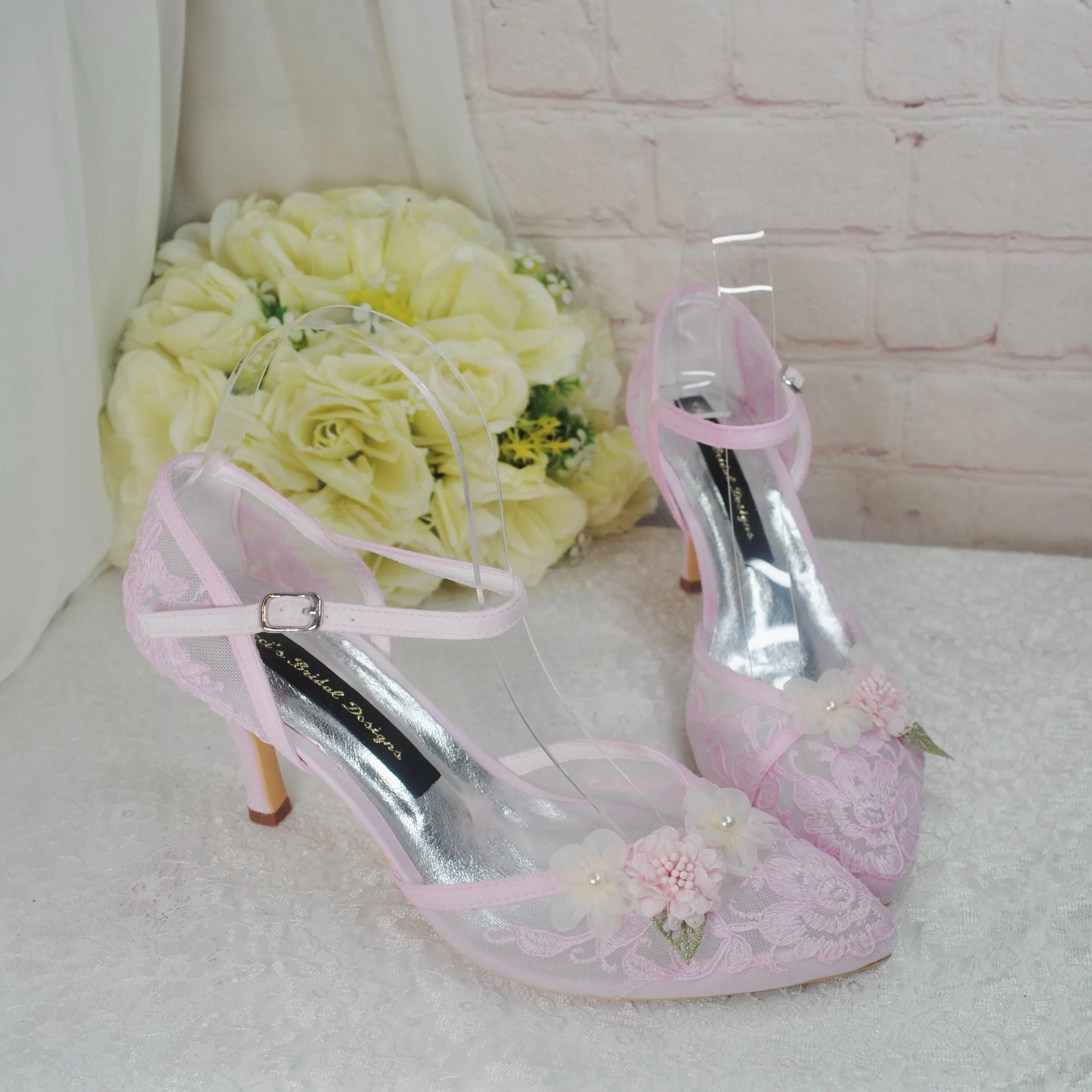 Blush Pink 3D Flower Kitten Heel or Block Heel