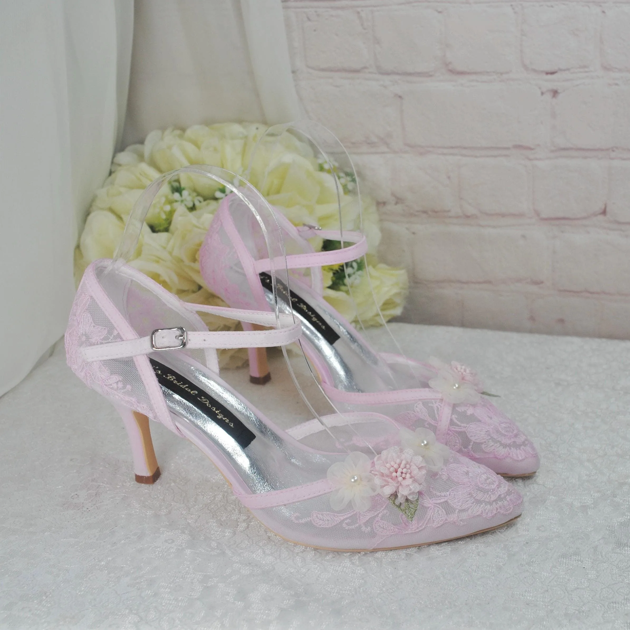 Blush Pink 3D Flower Kitten Heel or Block Heel