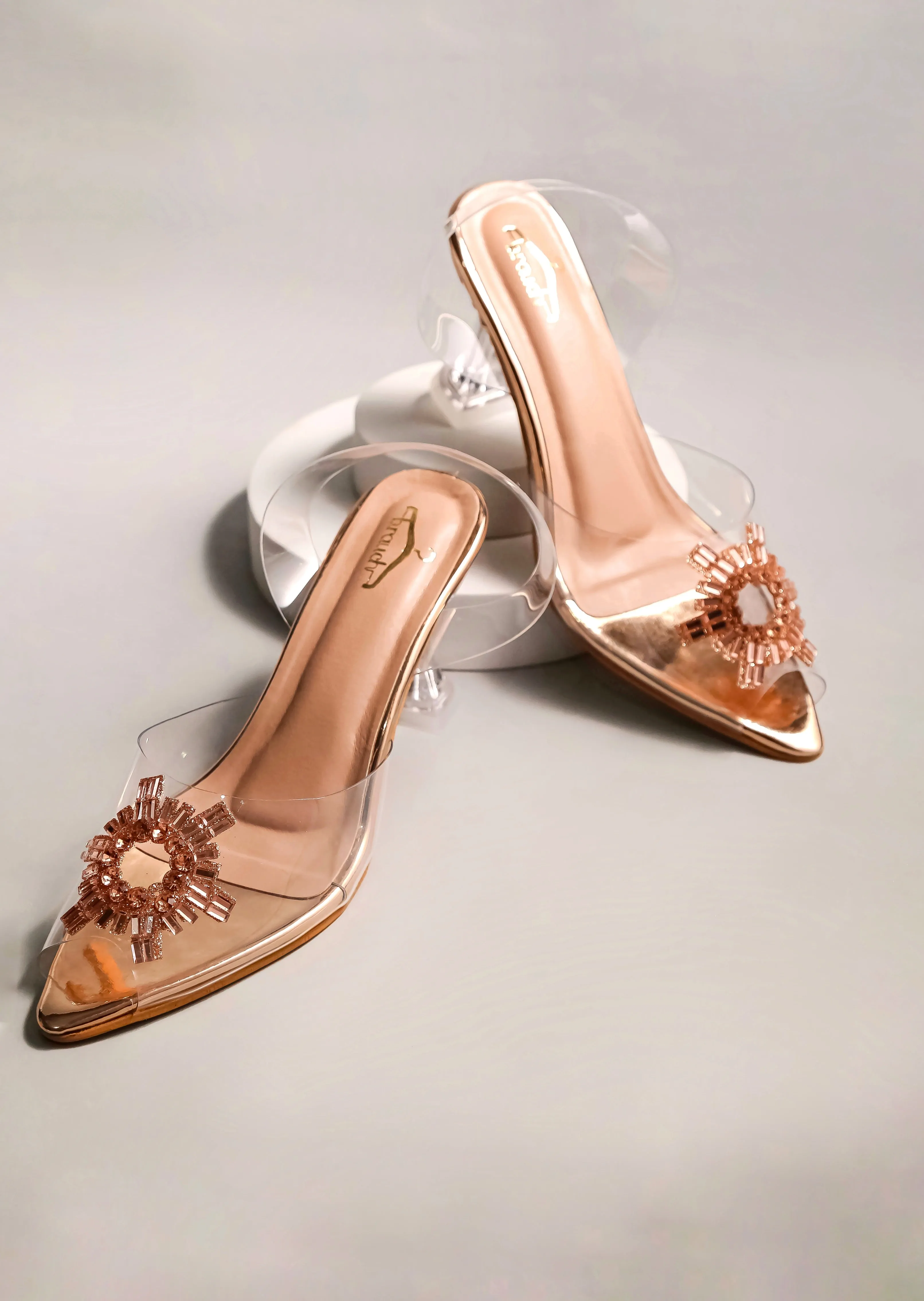 Brauch Rose Gold Diamond Buckle Slingback Peep Toe Mule Heels