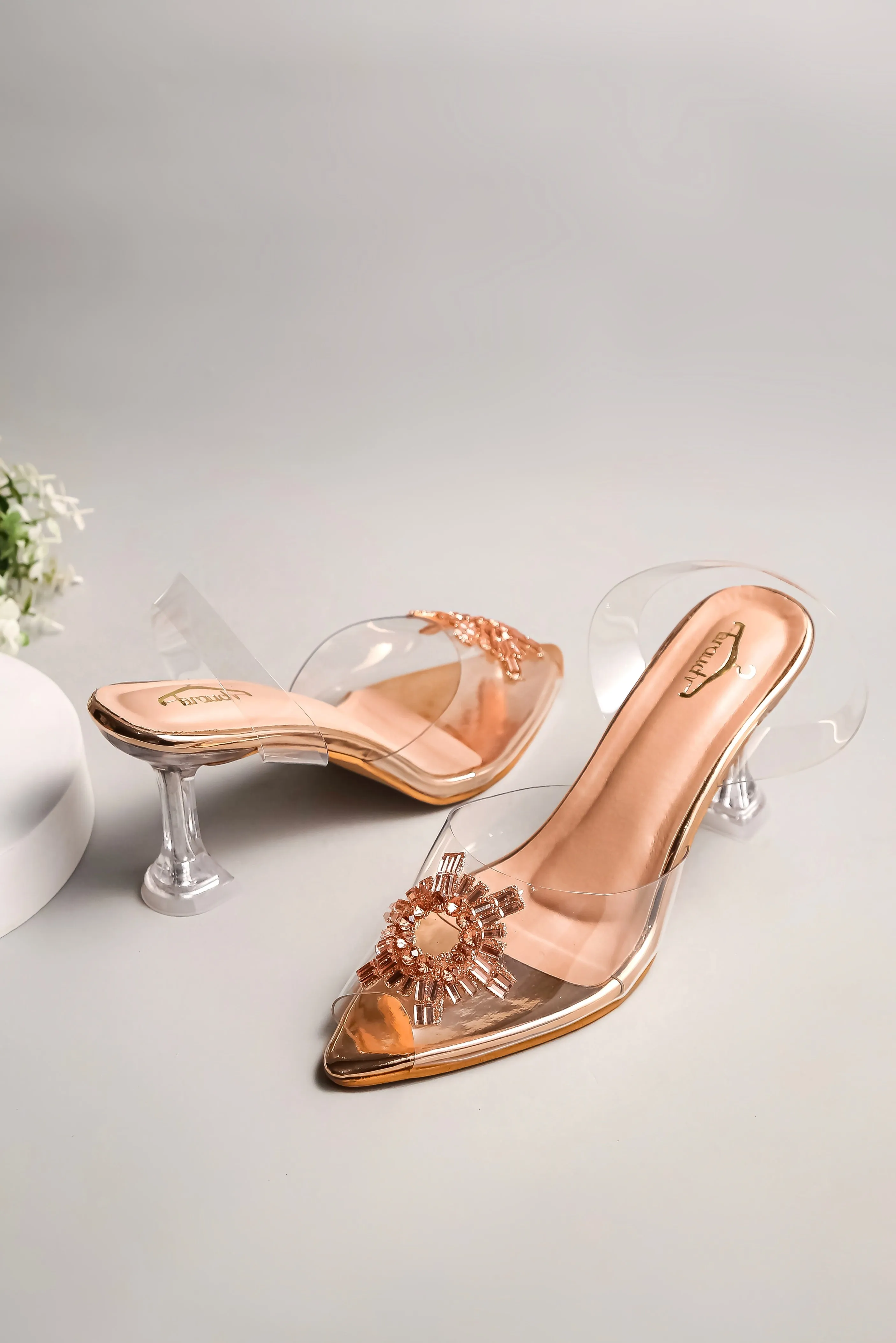Brauch Rose Gold Diamond Buckle Slingback Peep Toe Mule Heels