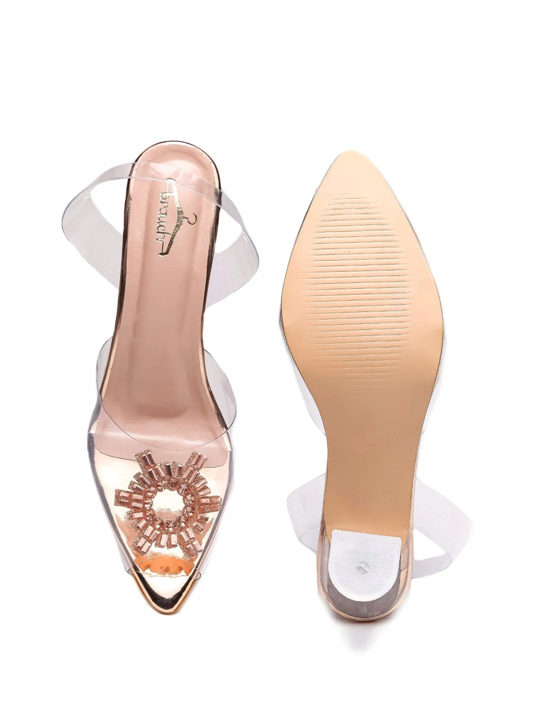Brauch Rose Gold Diamond Buckle Slingback Peep Toe Mule Heels