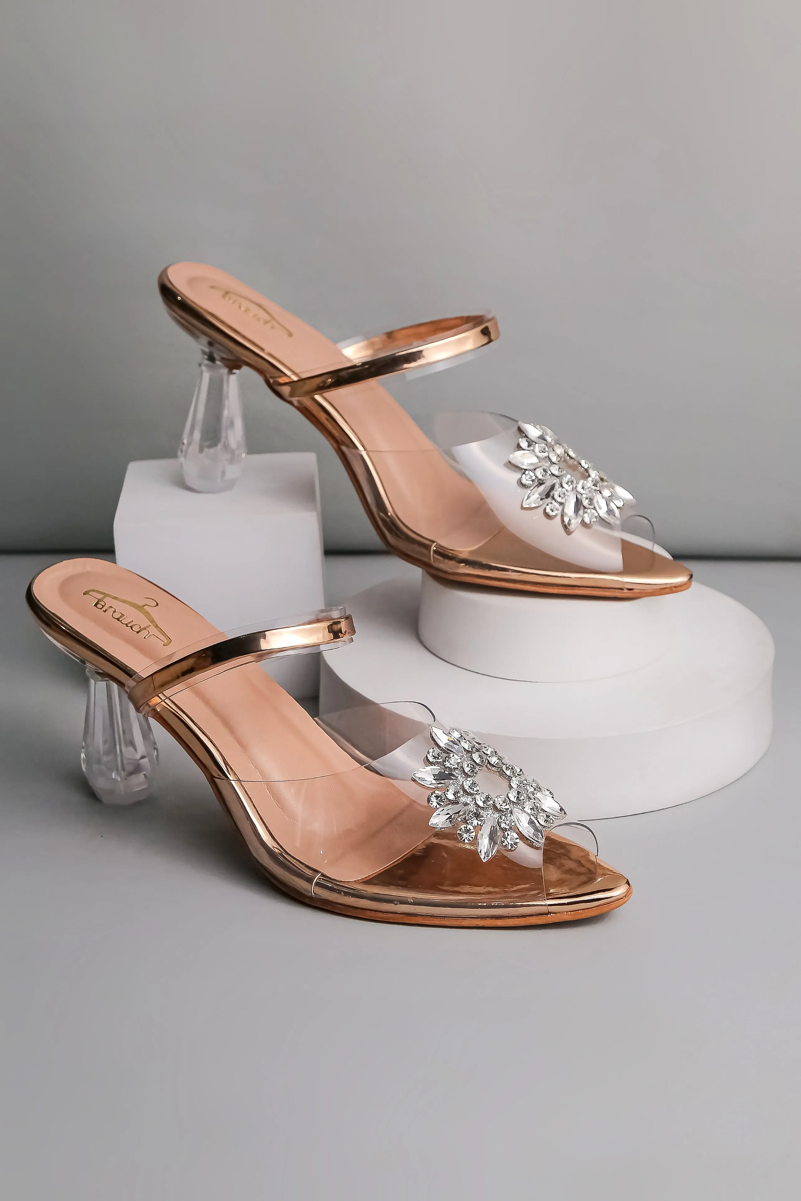 Brauch Rose Gold Diamond Buckle Transparent Peep Toe Heel
