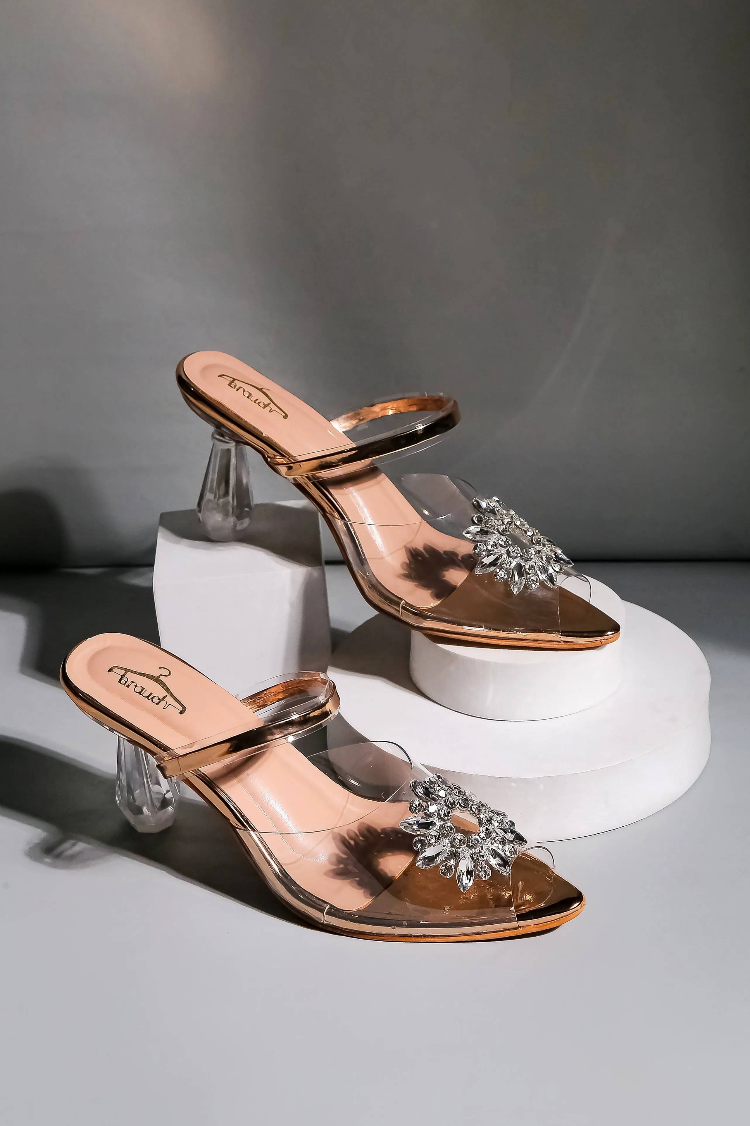 Brauch Rose Gold Diamond Buckle Transparent Peep Toe Heel