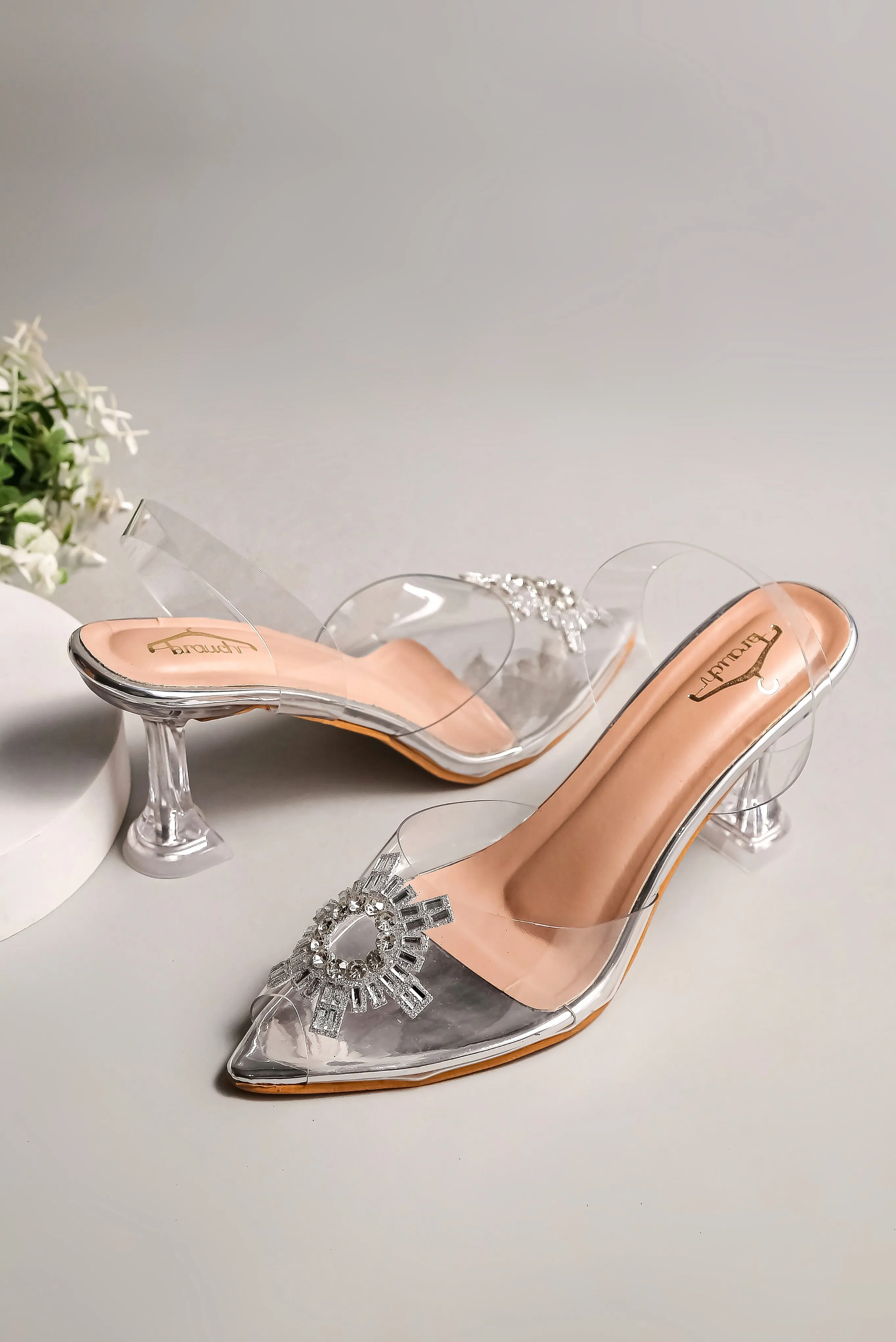 Brauch Silver Diamond Buckle Slingback Peep Toe Mule Heels