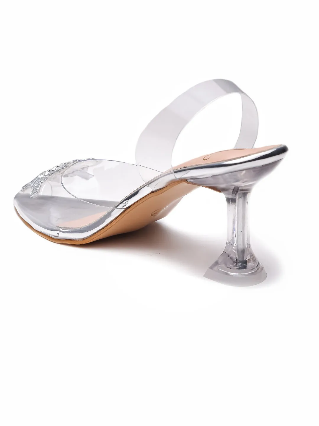 Brauch Silver Diamond Buckle Slingback Peep Toe Mule Heels