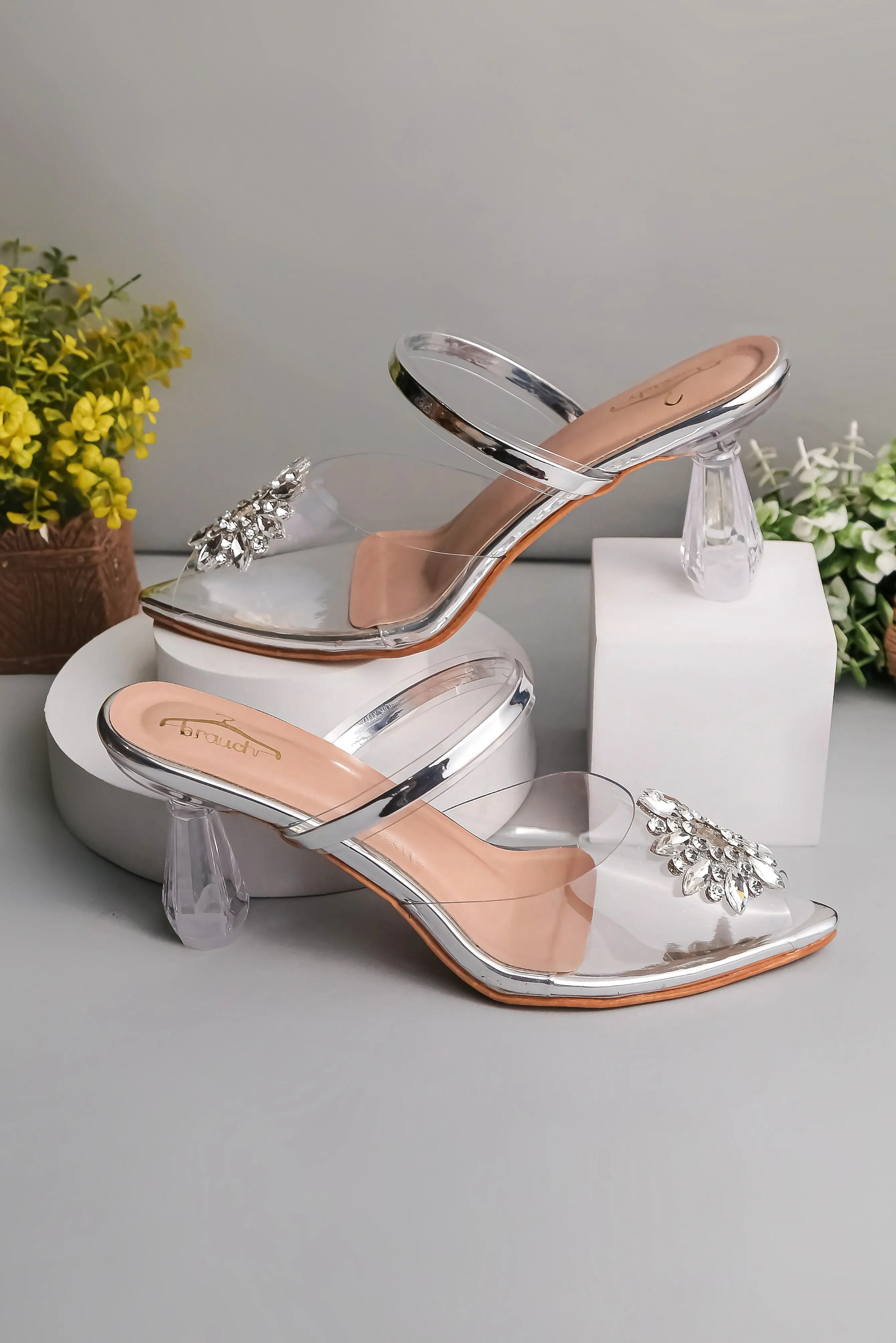 Brauch Silver Diamond Buckle Transparent Peep Toe Heel