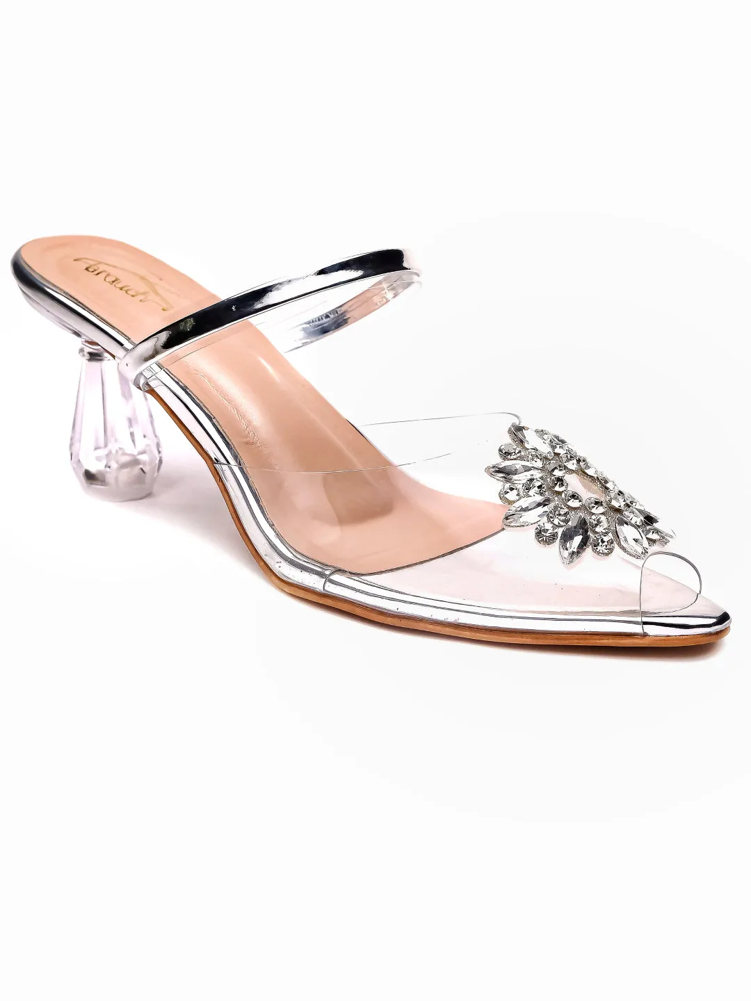 Brauch Silver Diamond Buckle Transparent Peep Toe Heel