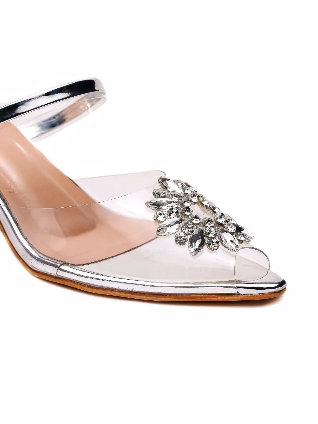 Brauch Silver Diamond Buckle Transparent Peep Toe Heel