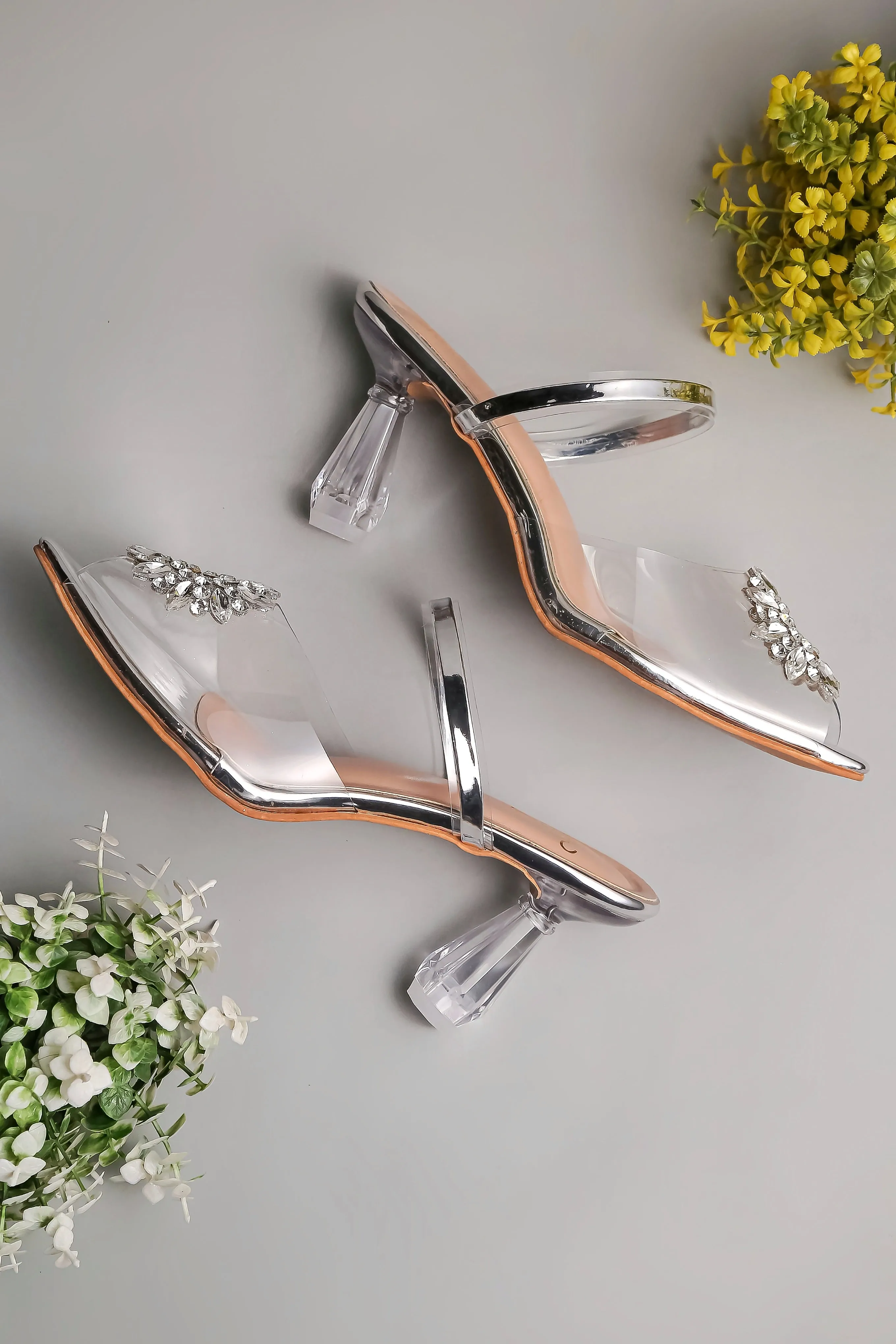 Brauch Silver Diamond Buckle Transparent Peep Toe Heel