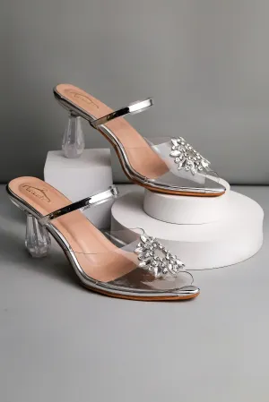 Brauch Silver Diamond Buckle Transparent Peep Toe Heel
