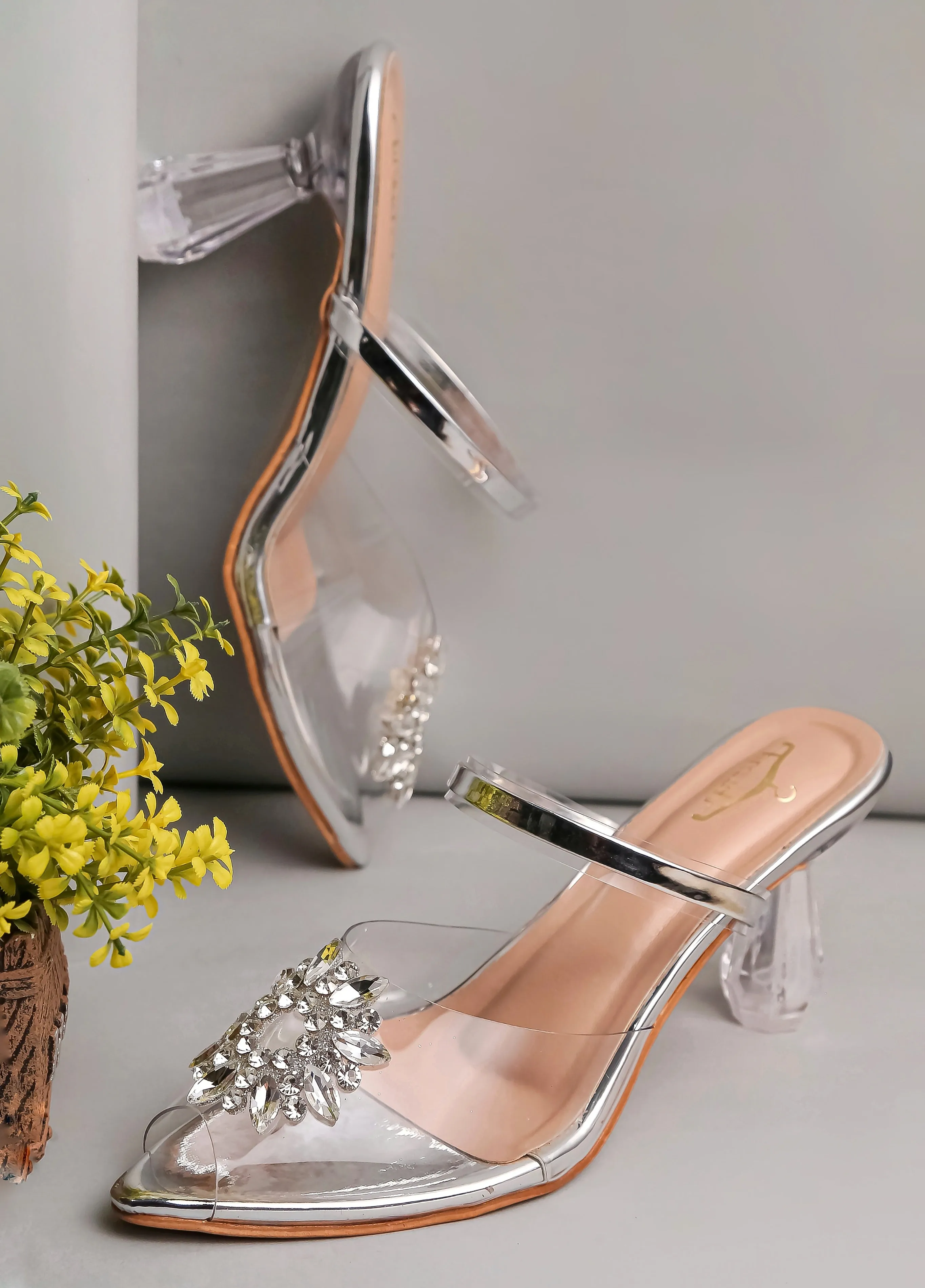 Brauch Silver Diamond Buckle Transparent Peep Toe Heel