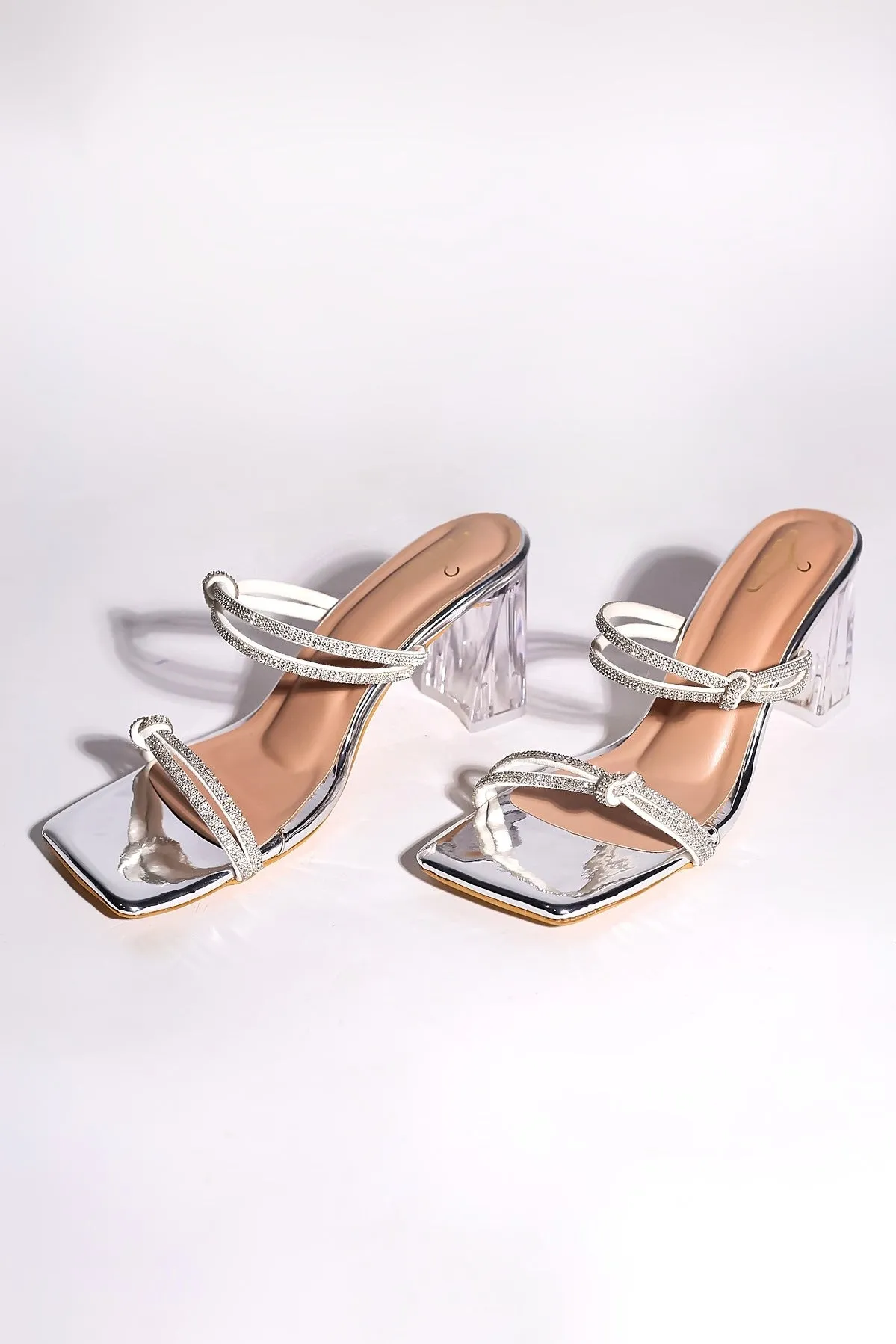 Brauch Silver Rhinestone Multistrap Knot heels