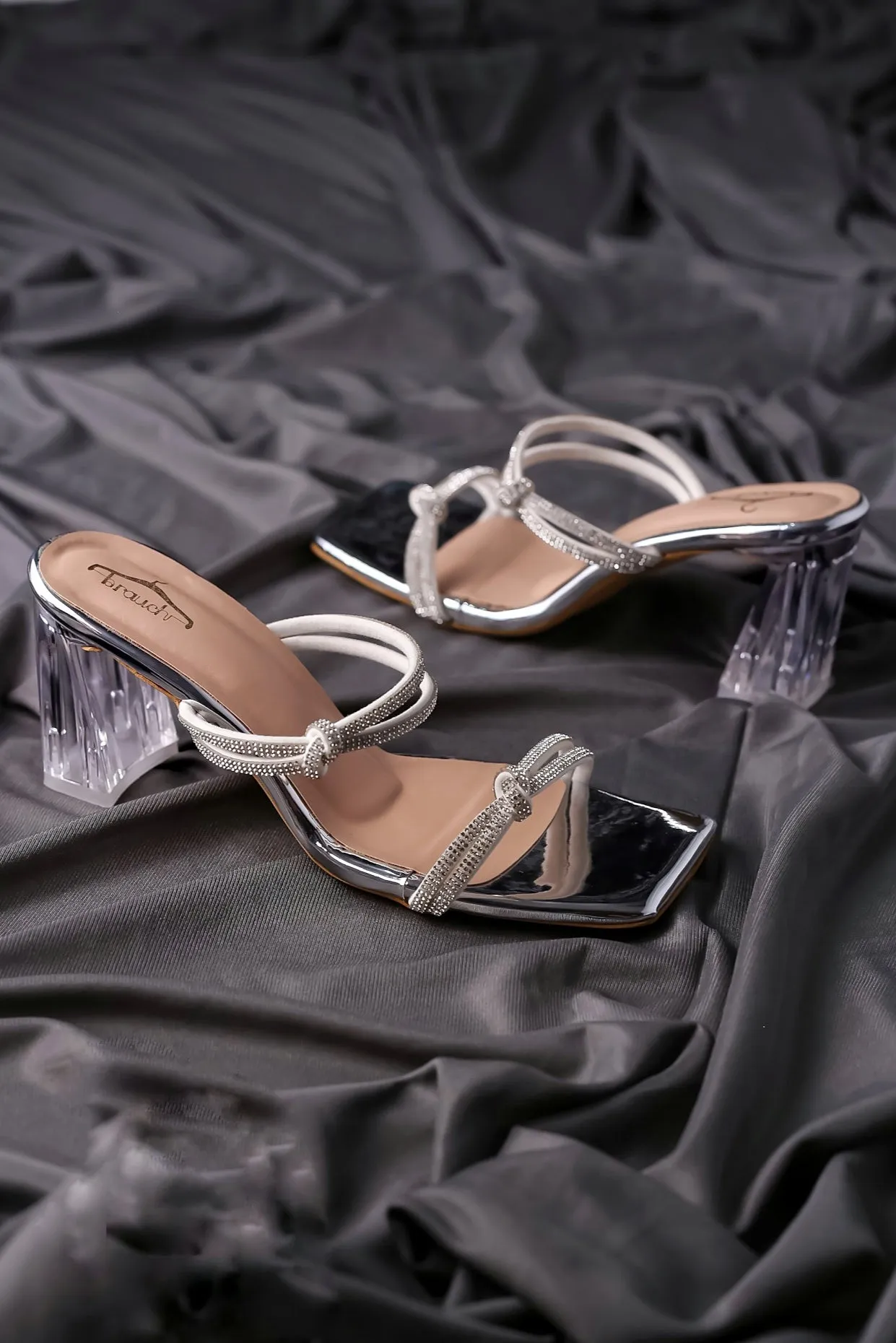 Brauch Silver Rhinestone Multistrap Knot heels