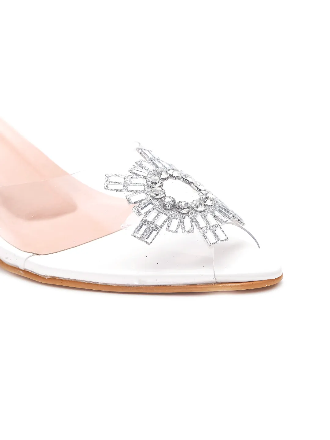 Brauch White Diamond Buckle Slingback Peep Toe Mule Heels