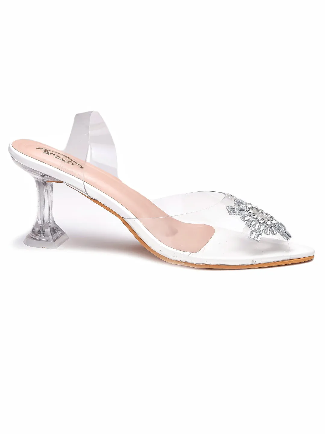 Brauch White Diamond Buckle Slingback Peep Toe Mule Heels