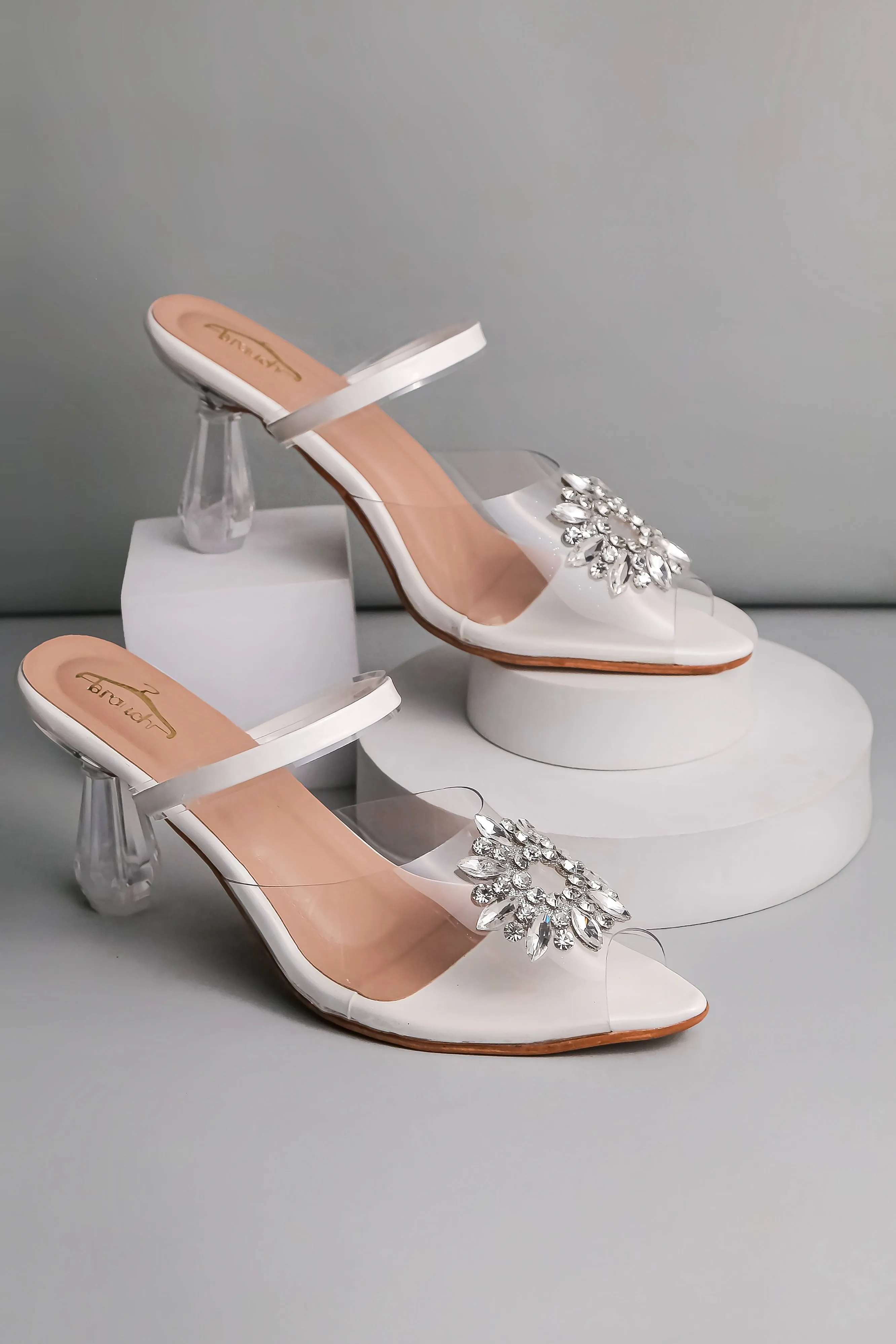 Brauch White Diamond Buckle Transparent Peep Toe Heel