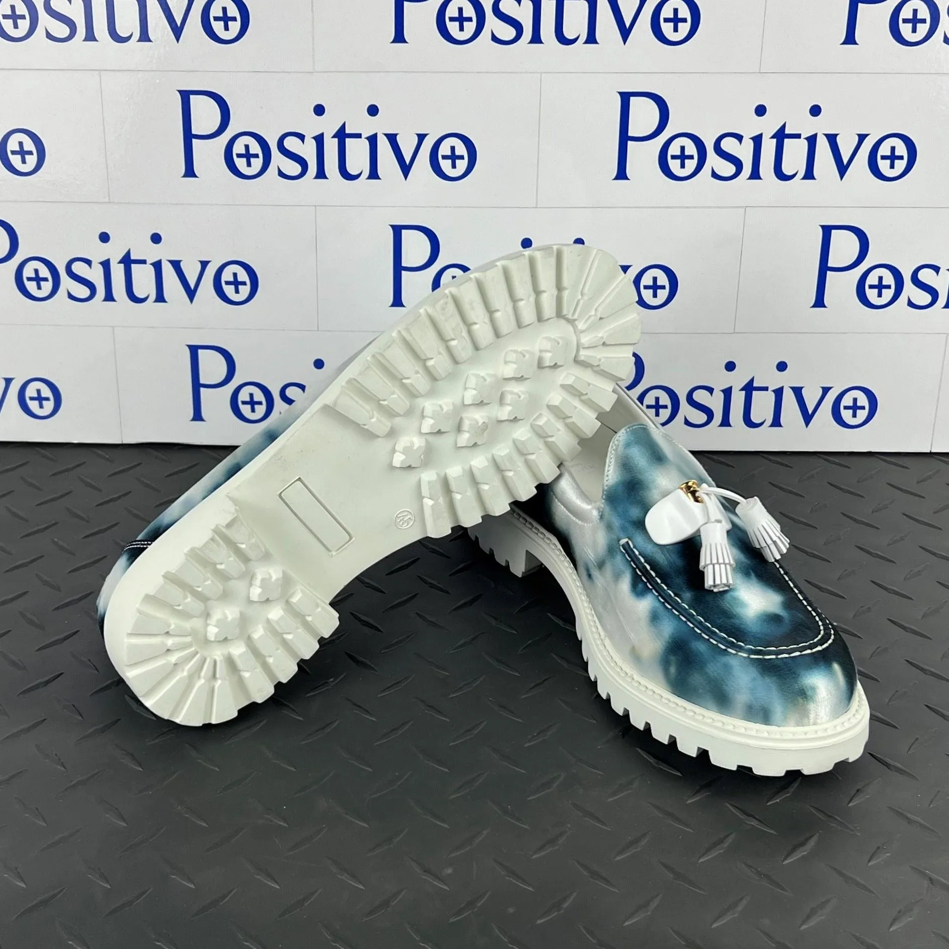 Buscemi Mens Tassel Tie Dye Navy Leather Moccasins Sample w/ Defect