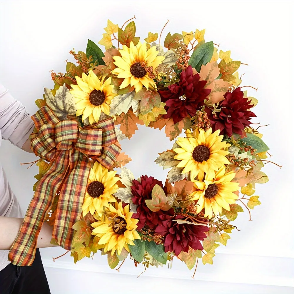 Contemporary Autumn Sunflower Wreath - Faux Floral Garland for Harvest Decoration, Fall Season Door Hanging, Rustic Country Style - Non-Electric, Plastic Material, No Feathers